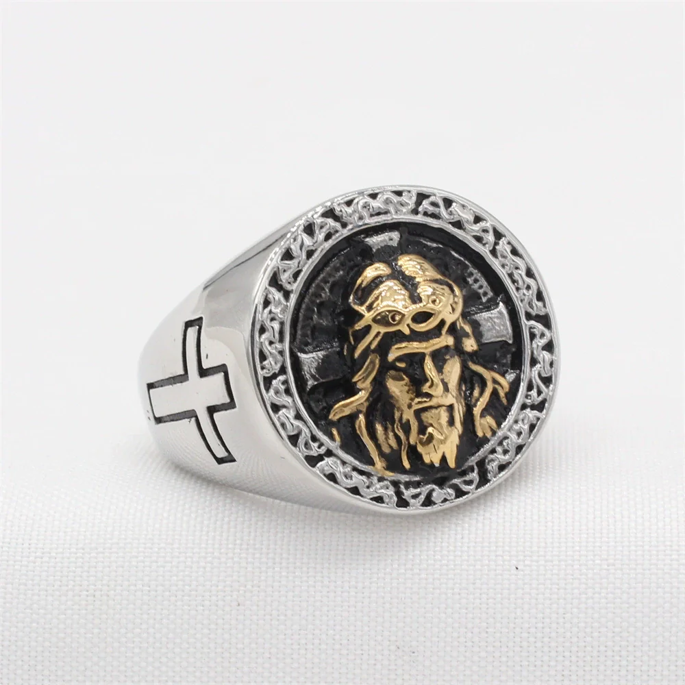 Vintage Cross Jesus Portrait Titanium Steel Ring Amen Artisan - Image 3