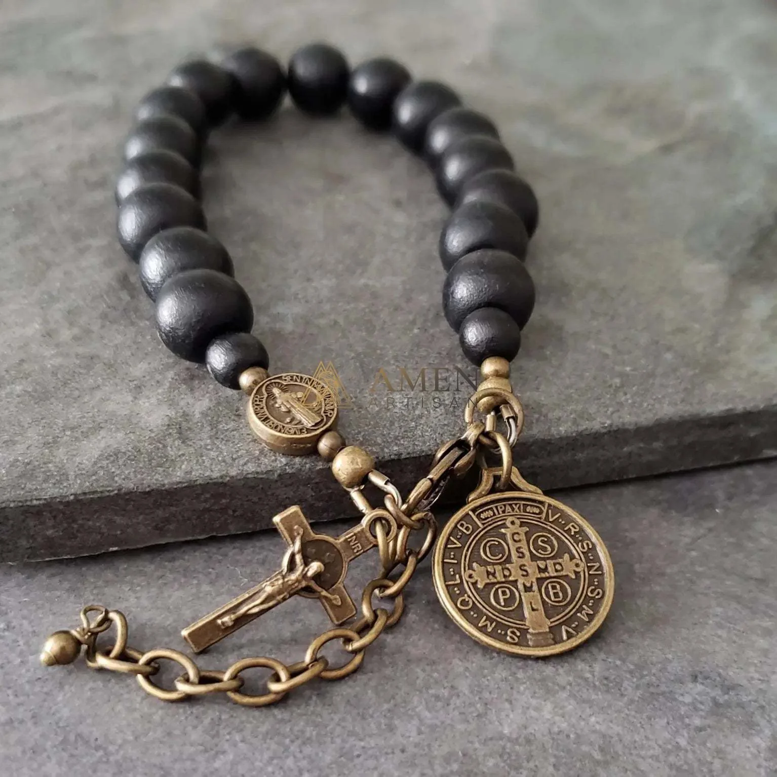Black Wood Beads Brass Saint Benedict Medal Adjustment Bracelet - Image 5