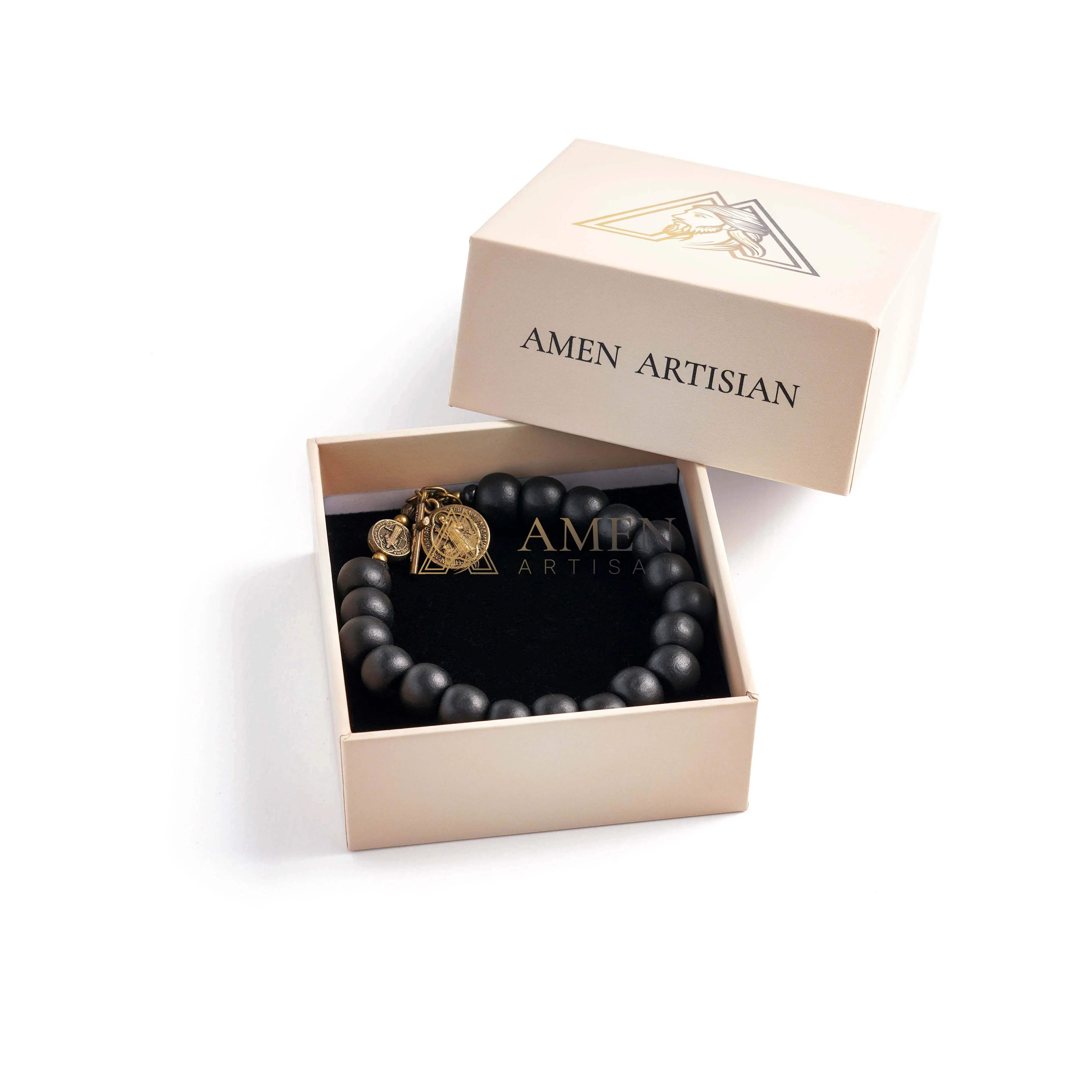 Black Wood Beads Brass Saint Benedict Medal Adjustment Bracelet - Image 8