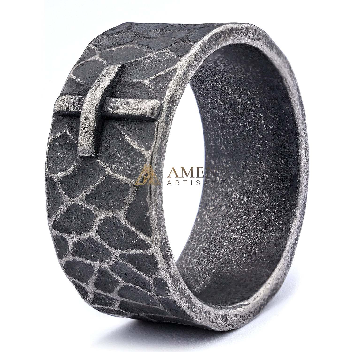 Hammered Cross Titanium Steel Ring Amen Artisan - Image 4