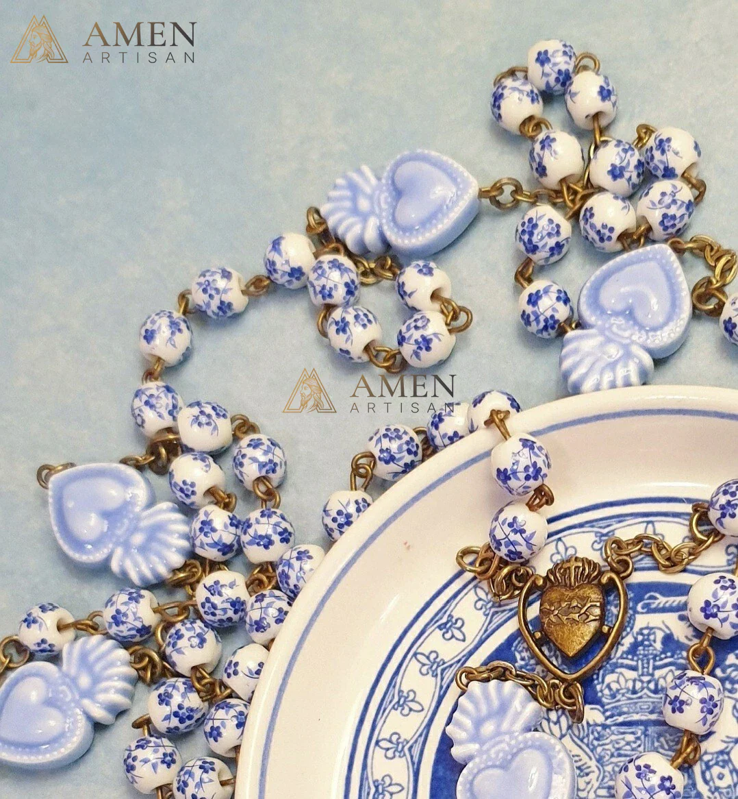 Delft Blue Beads Sacred Heart Rosary - Blue and White Cherry Blossom Beads Vintage Bronze Style Ceramic Rosary -Amen Artisan - Image 3