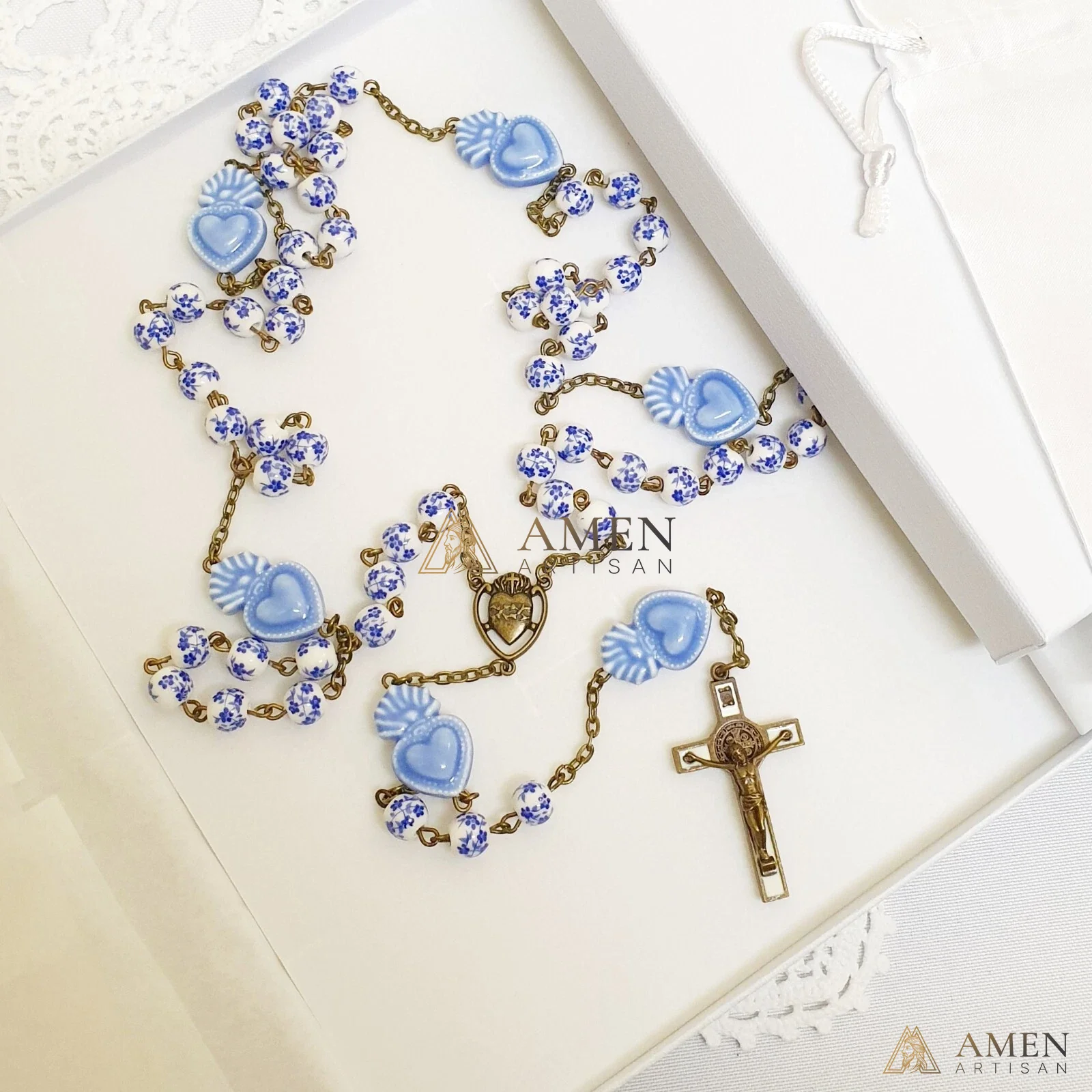 Delft Blue Beads Sacred Heart Rosary - Blue and White Cherry Blossom Beads Vintage Bronze Style Ceramic Rosary -Amen Artisan - Image 4