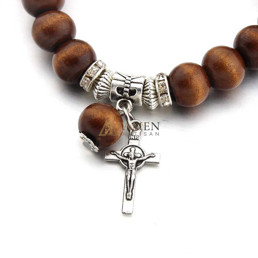 Amen Artisan Brown Wooden Beads Crucifix Elastic Cord Bracelet - Image 3