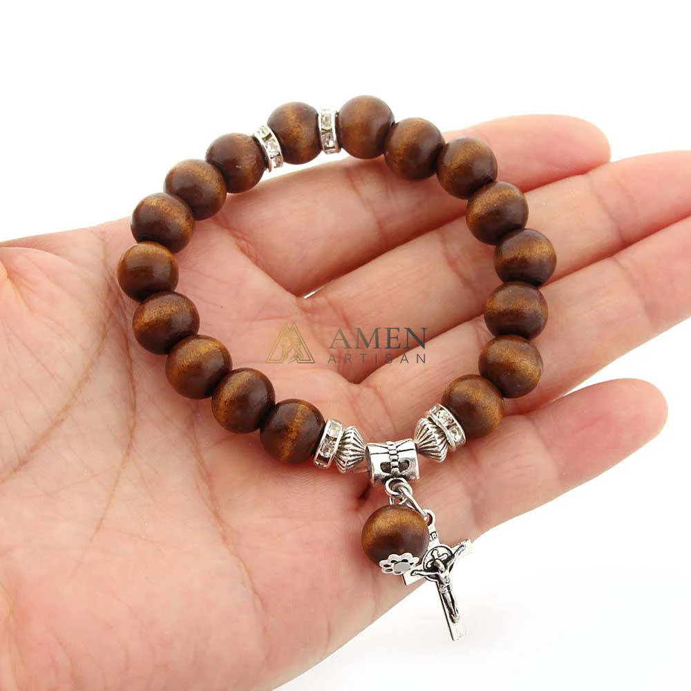 Amen Artisan Brown Wooden Beads Crucifix Elastic Cord Bracelet - Image 4