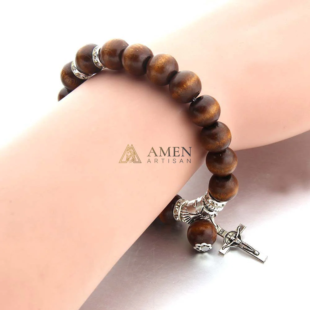 Amen Artisan Brown Wooden Beads Crucifix Elastic Cord Bracelet - Image 5