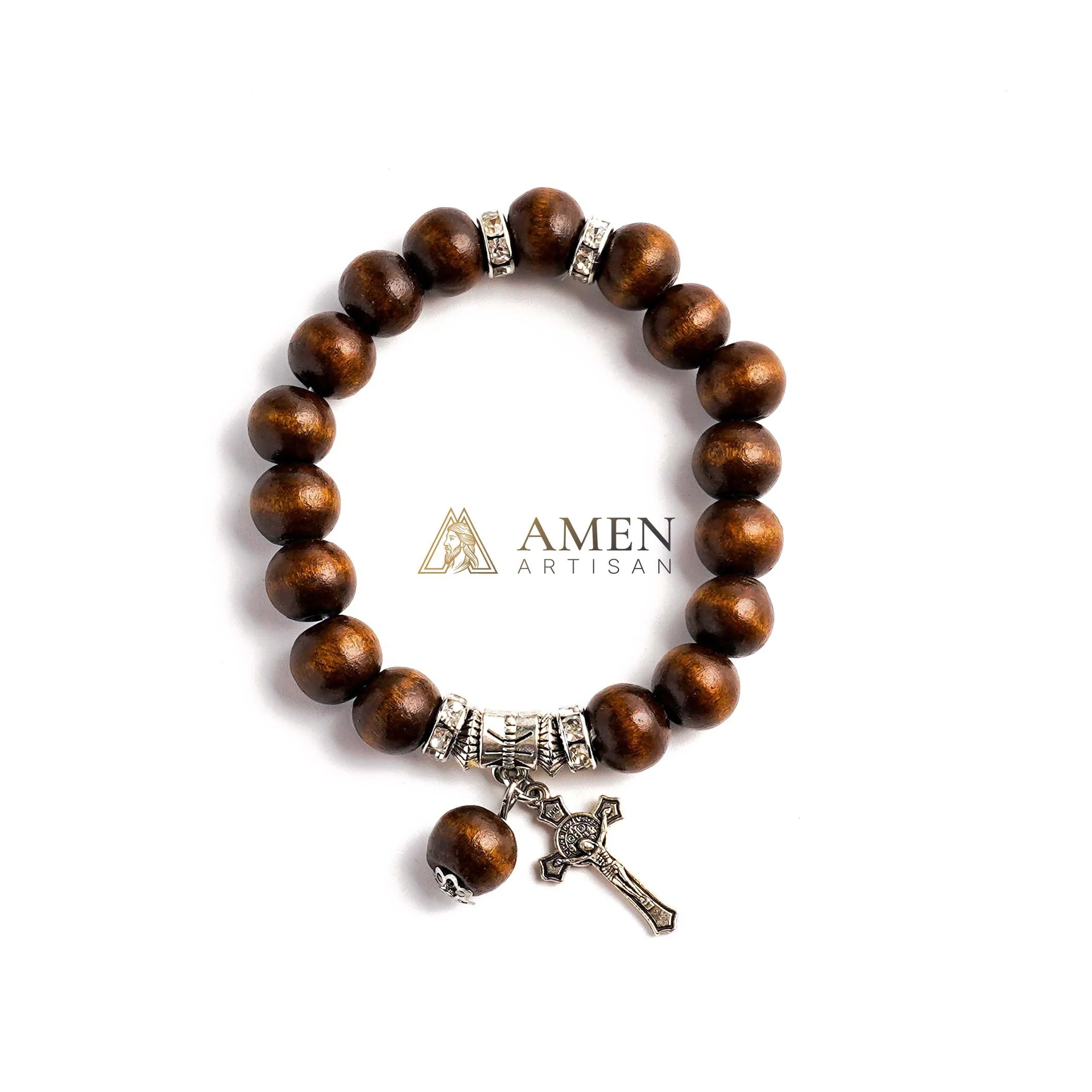 Amen Artisan Brown Wooden Beads Crucifix Elastic Cord Bracelet - Image 6