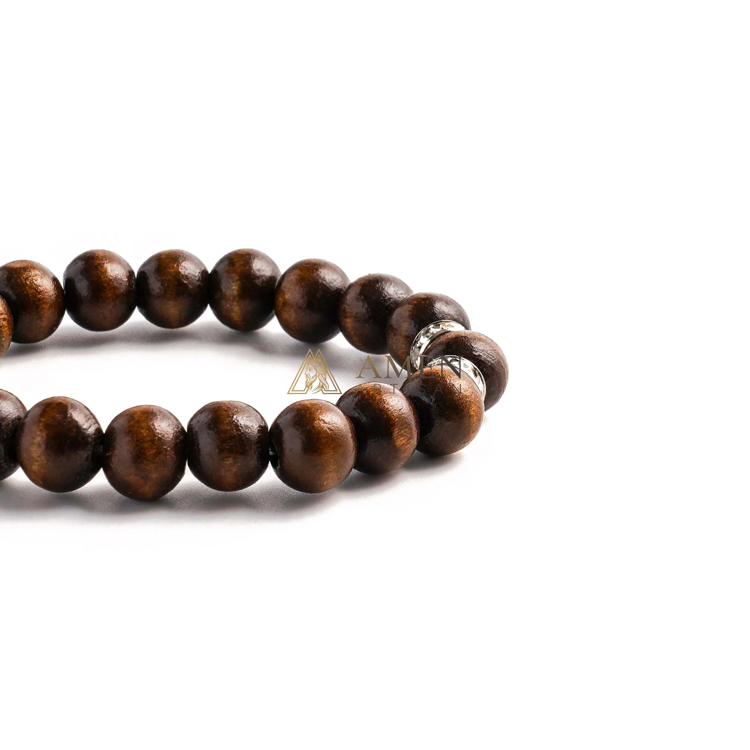Amen Artisan Brown Wooden Beads Crucifix Elastic Cord Bracelet - Image 7