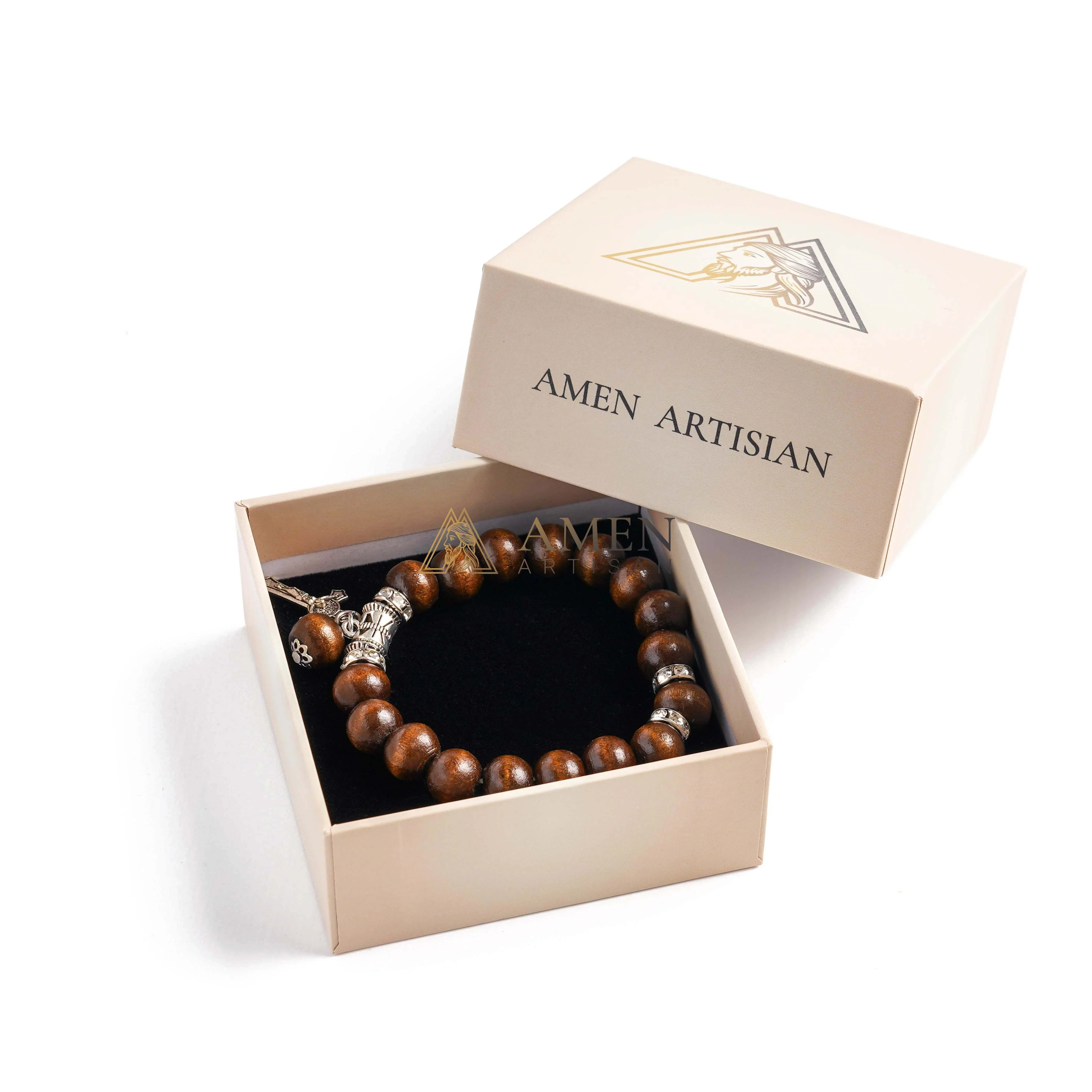 Amen Artisan Brown Wooden Beads Crucifix Elastic Cord Bracelet - Image 8