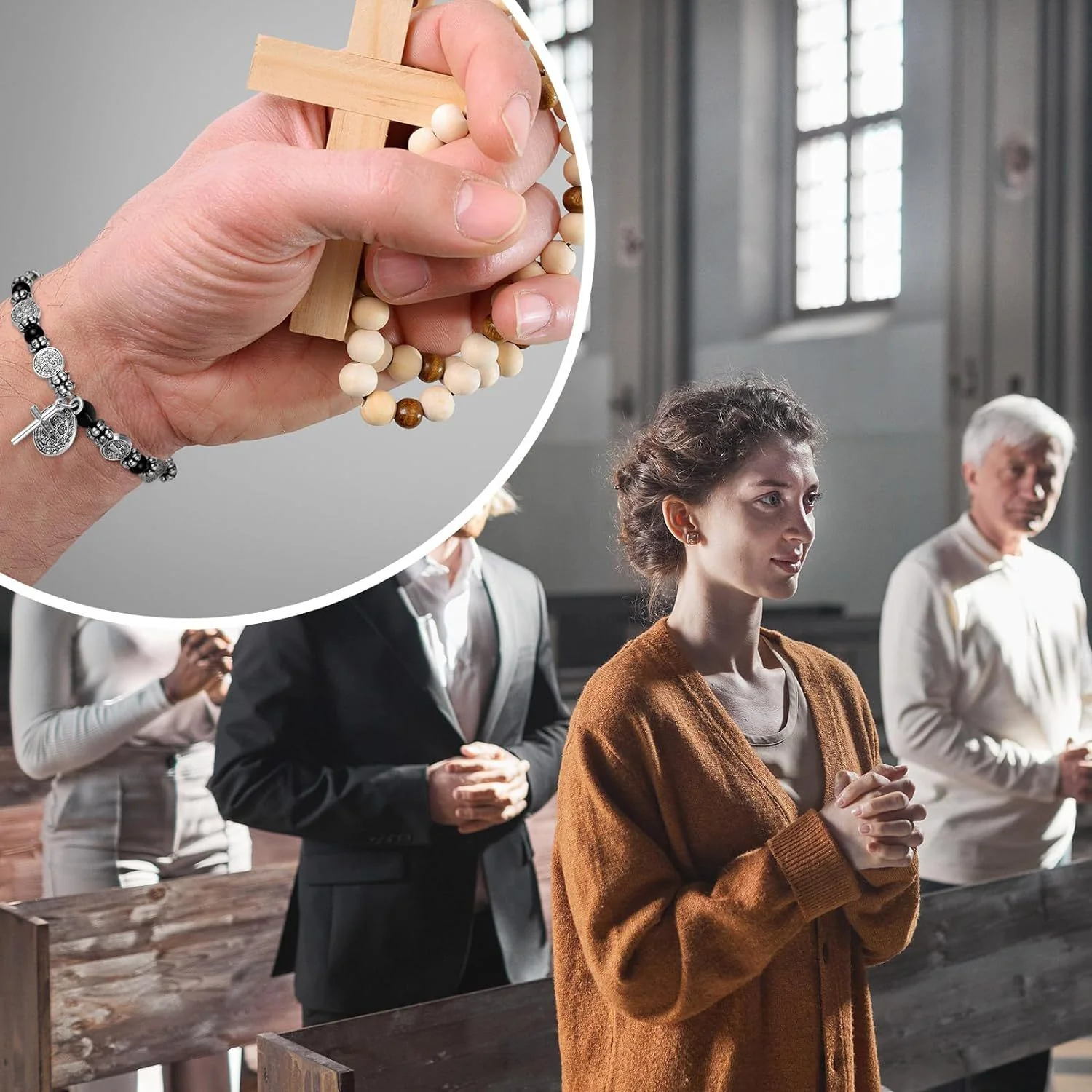 Hematite Beads Saint Benedict Medal Cross Elastic Cord Bracelet Amen Artisan - Image 3