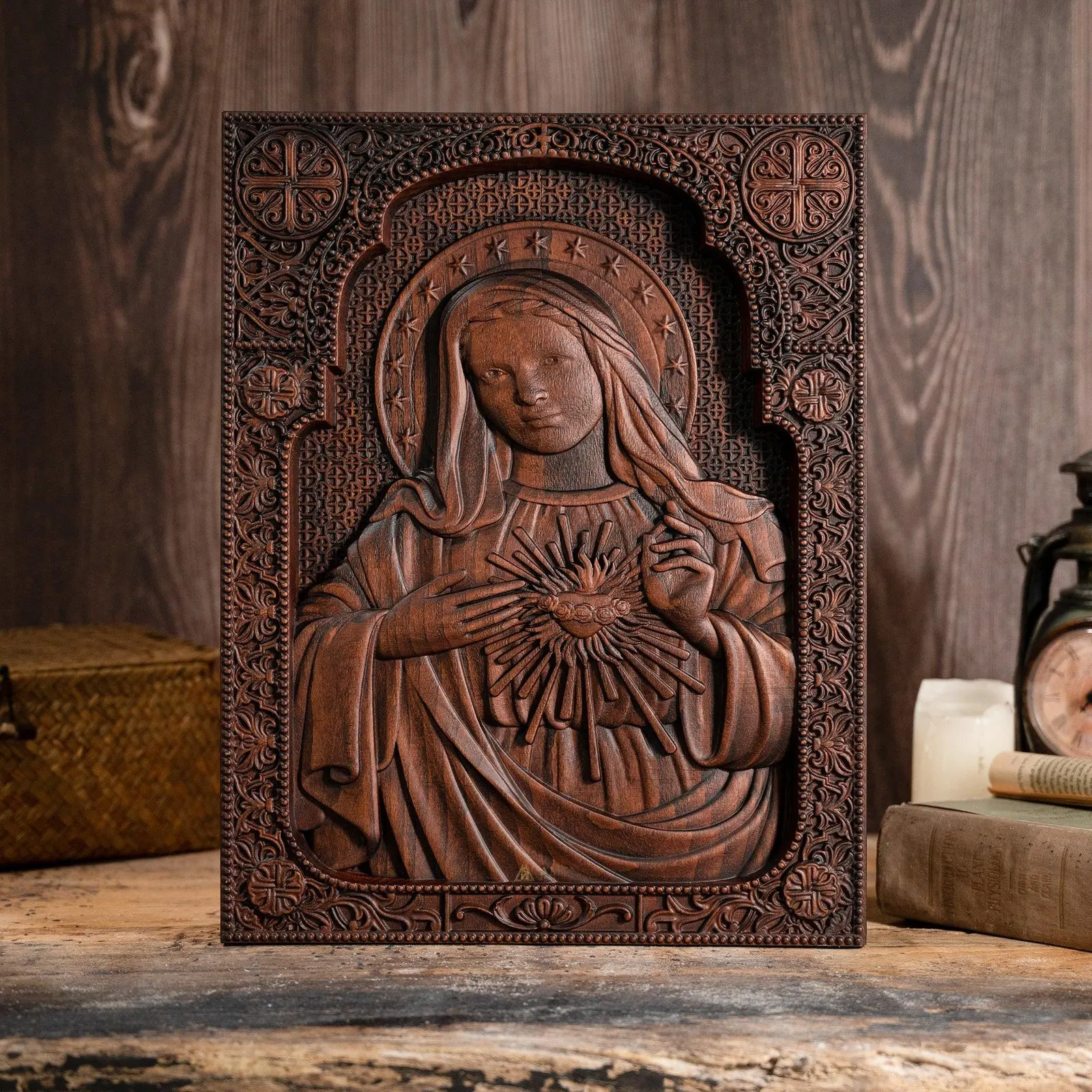 Immaculate Heart of Mary Wood Carving Amen Artisan - Image 3