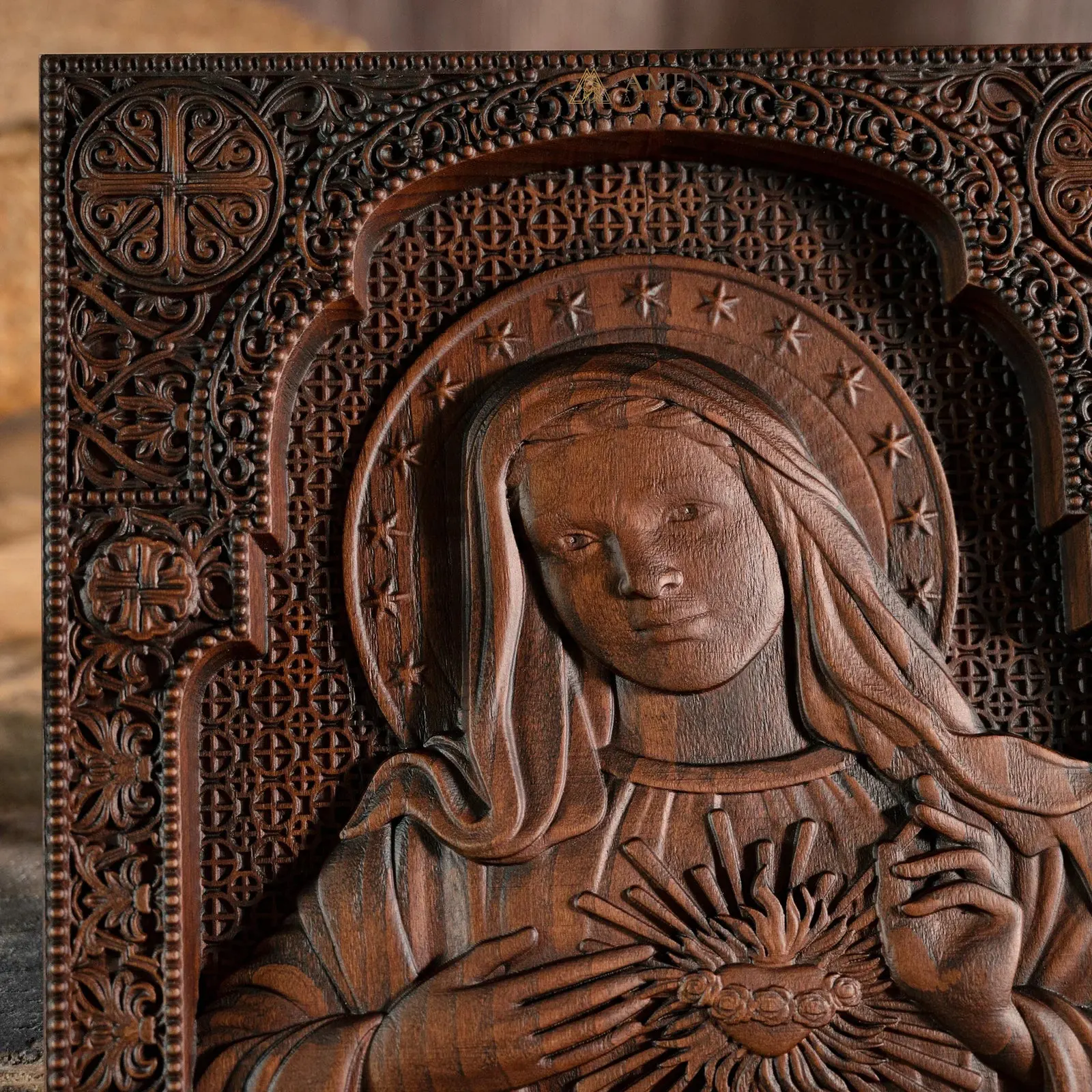 Immaculate Heart of Mary Wood Carving Amen Artisan - Image 4