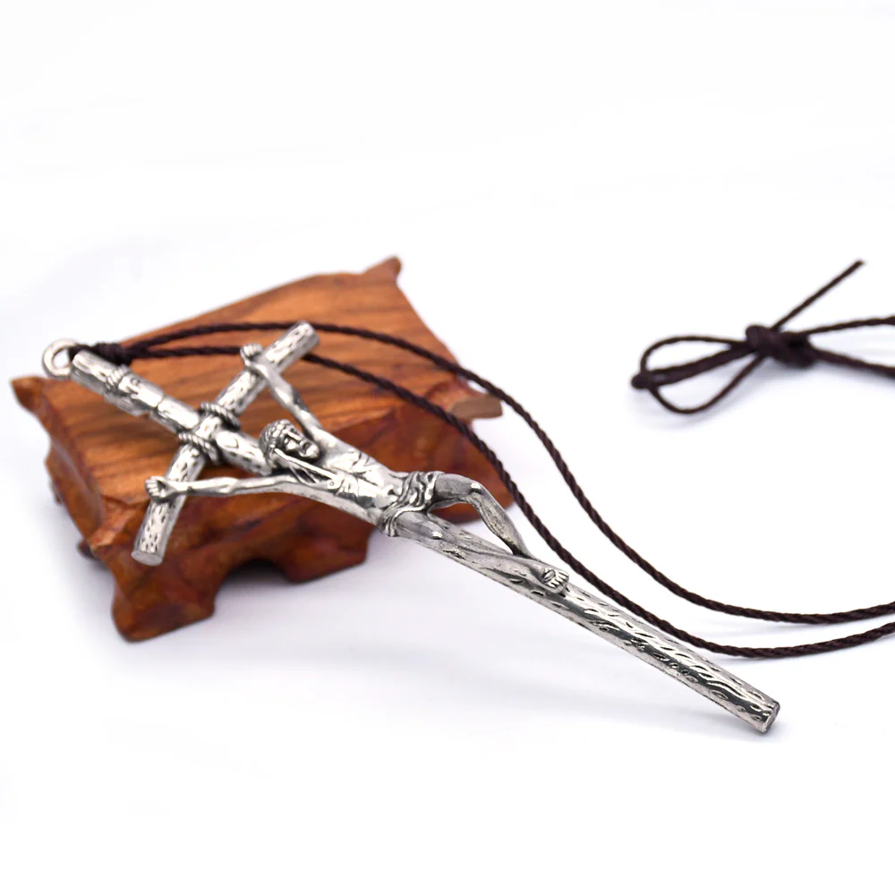 Crucifix Pendant with Weathered Cross & Sorrowful Christ Detailing - Image 3