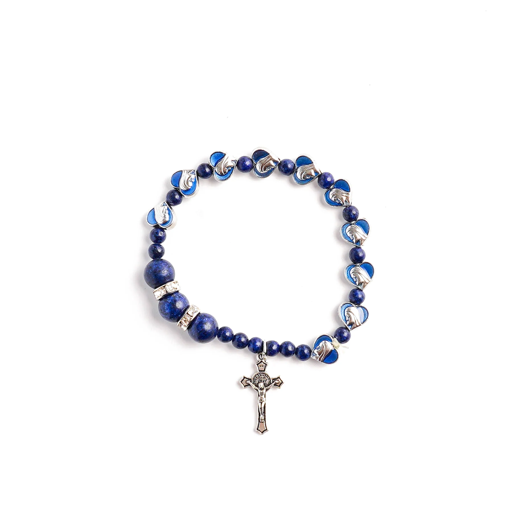 Lapis Lazuli Zircon Enamel Divine Mary of the Heart Blue Beads Crucifix Stretch Bracelet - Image 3
