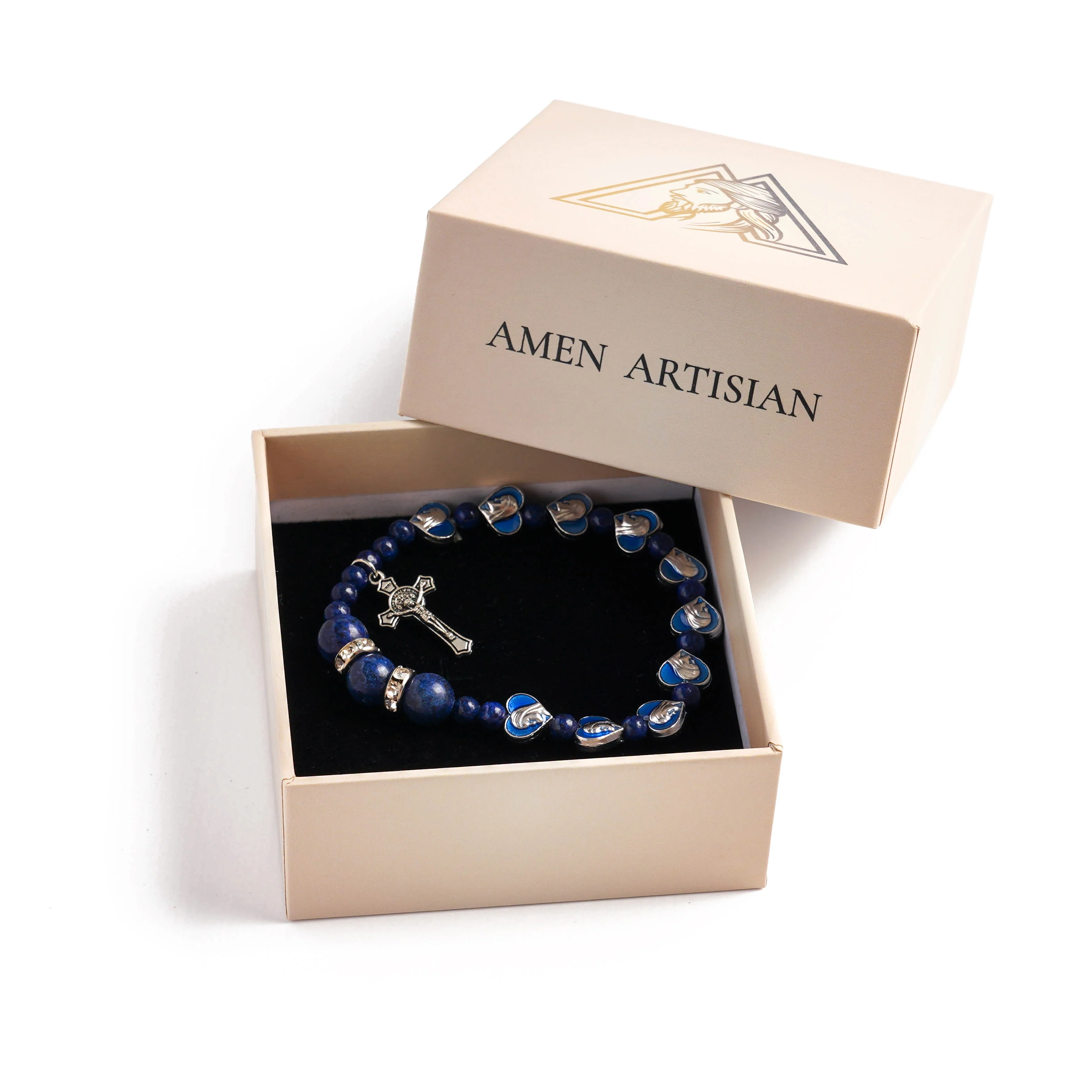 Lapis Lazuli Zircon Enamel Divine Mary of the Heart Blue Beads Crucifix Stretch Bracelet - Image 4