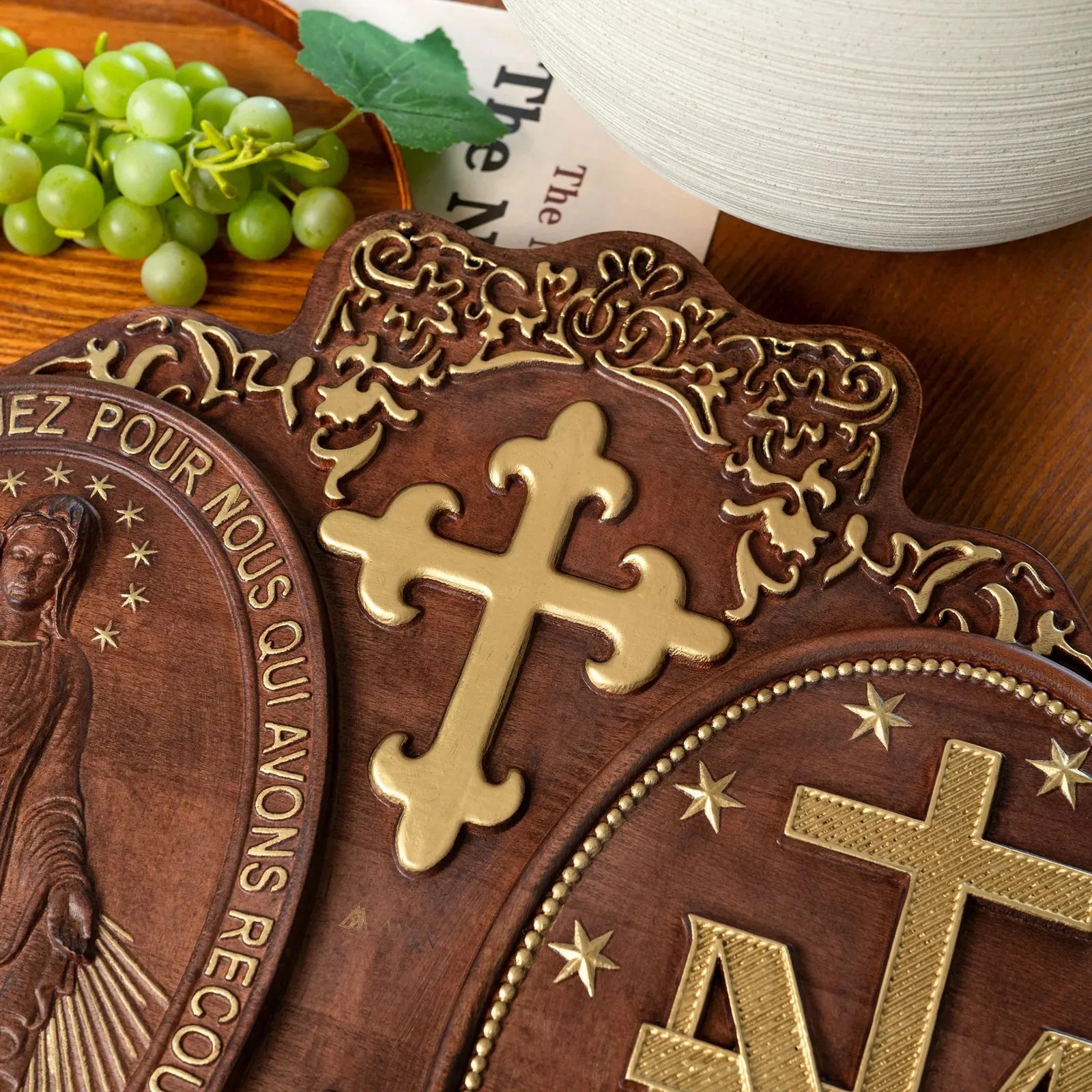 Miracle Medal Wood Carving Amen Artisan - Image 4