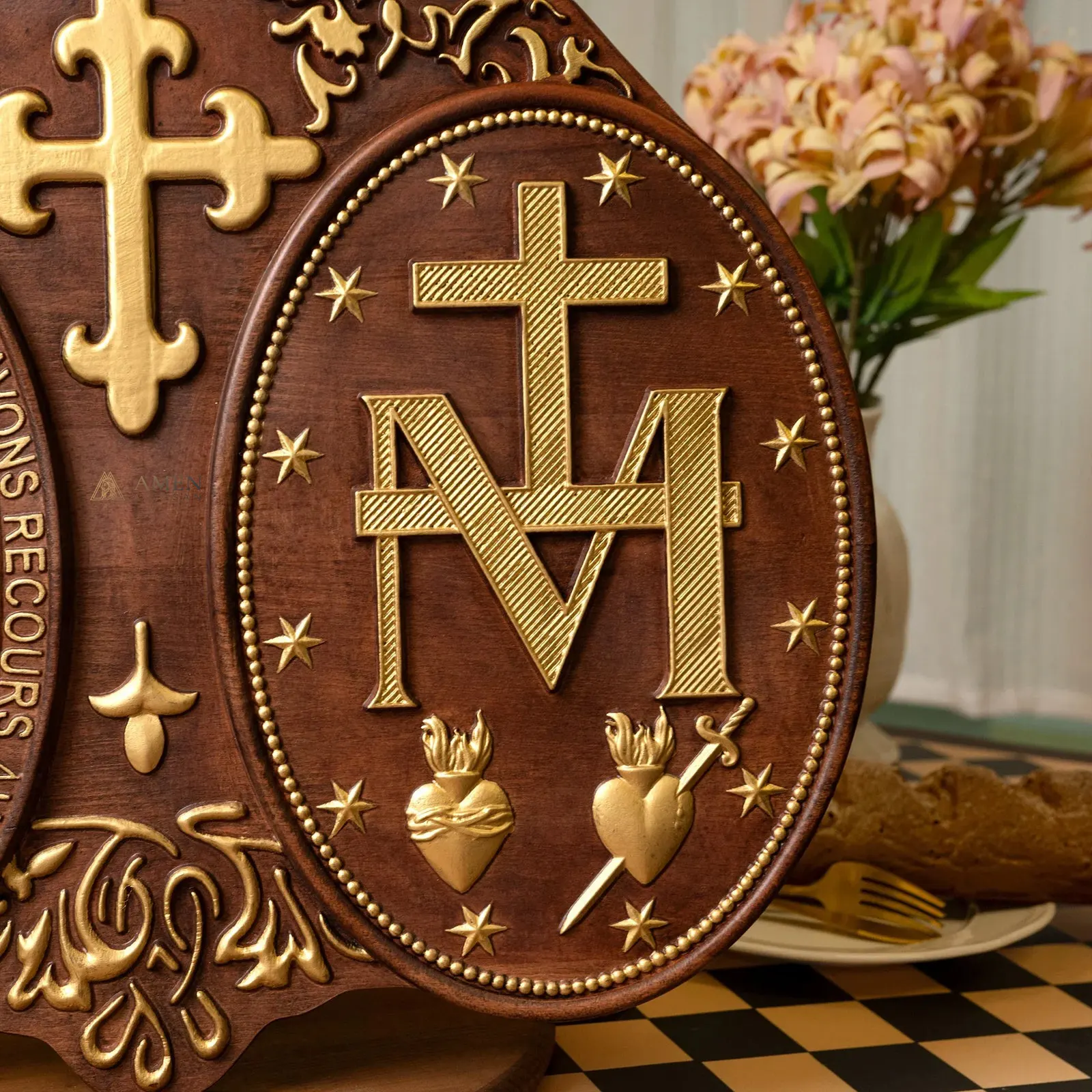 Miracle Medal Wood Carving Amen Artisan - Image 5