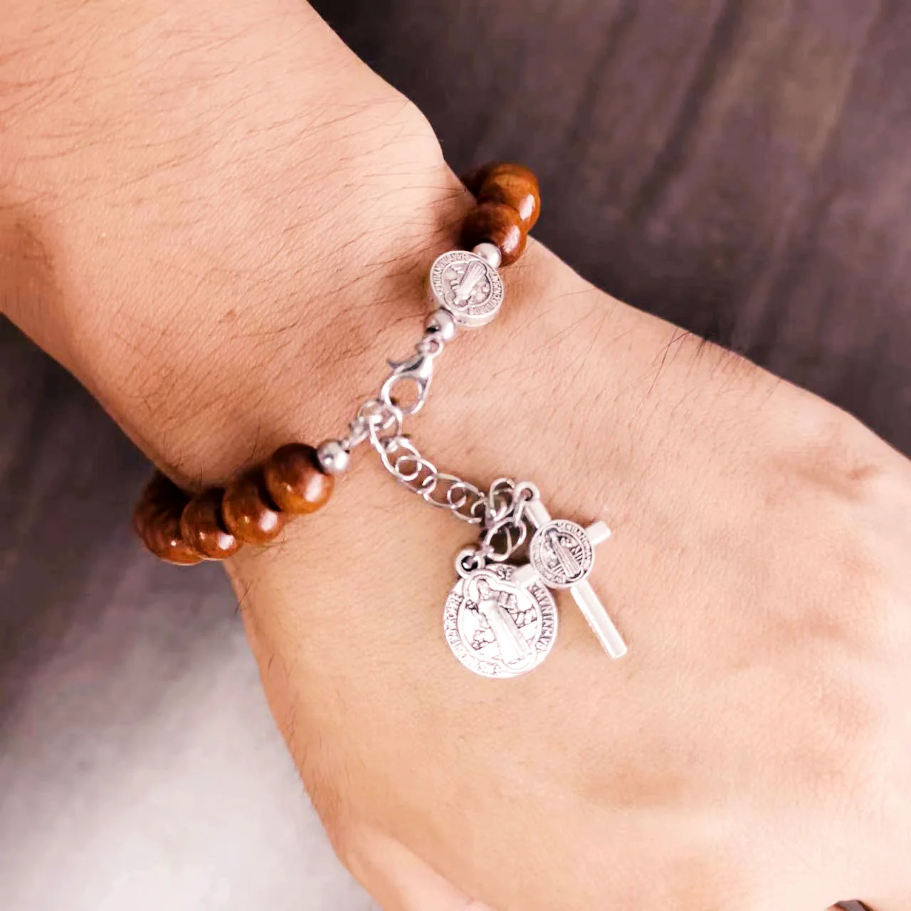 Nature Wood Saint Benedict Medal Bracelet Amen Artisan - Image 3