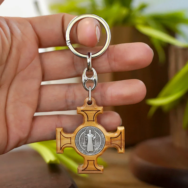 Olive Wood Saint Benedict Medal Keychain Amen Artisan - Image 3