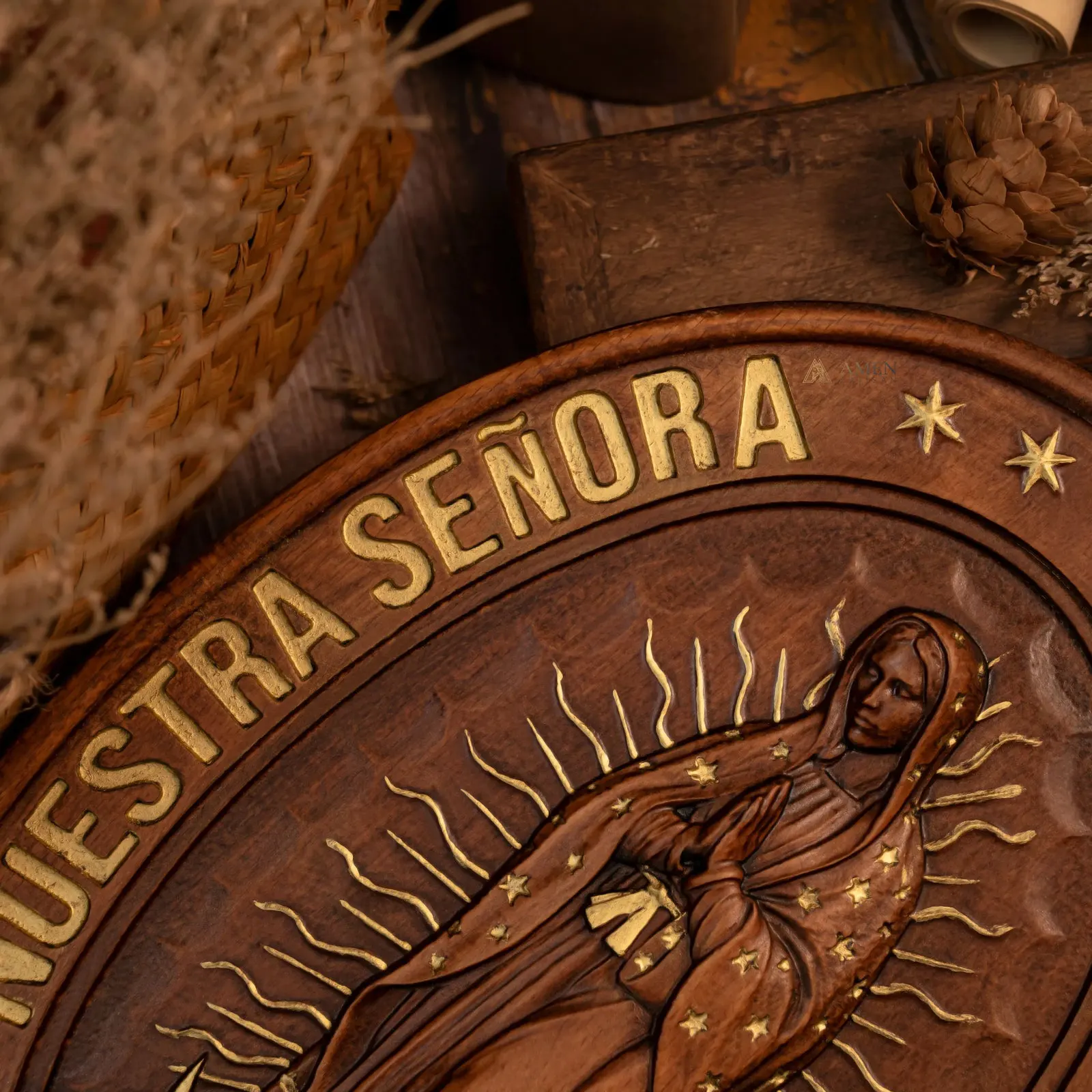 Our Lady of Guadalupe Wood Carving Amen Artisan - Image 3