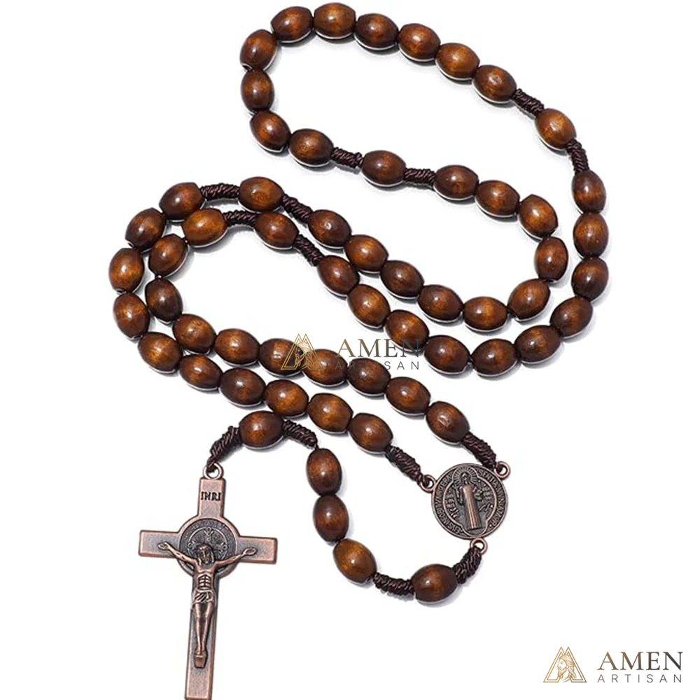 【Deal Today】Oval Wooden Beads Saint Benedict Medal Crucifix Rosary - Image 3