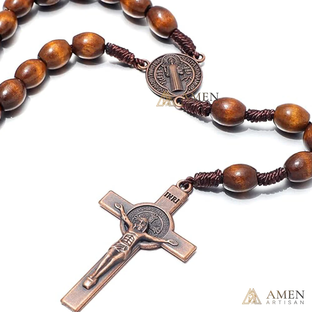 【Deal Today】Oval Wooden Beads Saint Benedict Medal Crucifix Rosary - Image 4