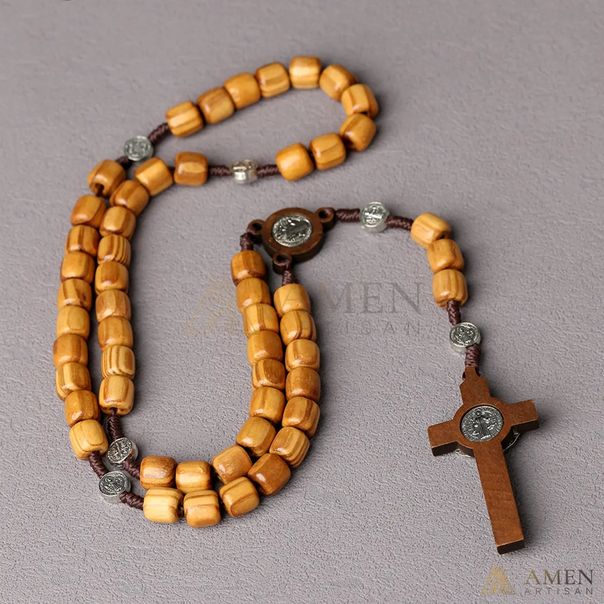 Pine Wood Rosary with Saint Benedict Medal Amen Artisan - Image 3
