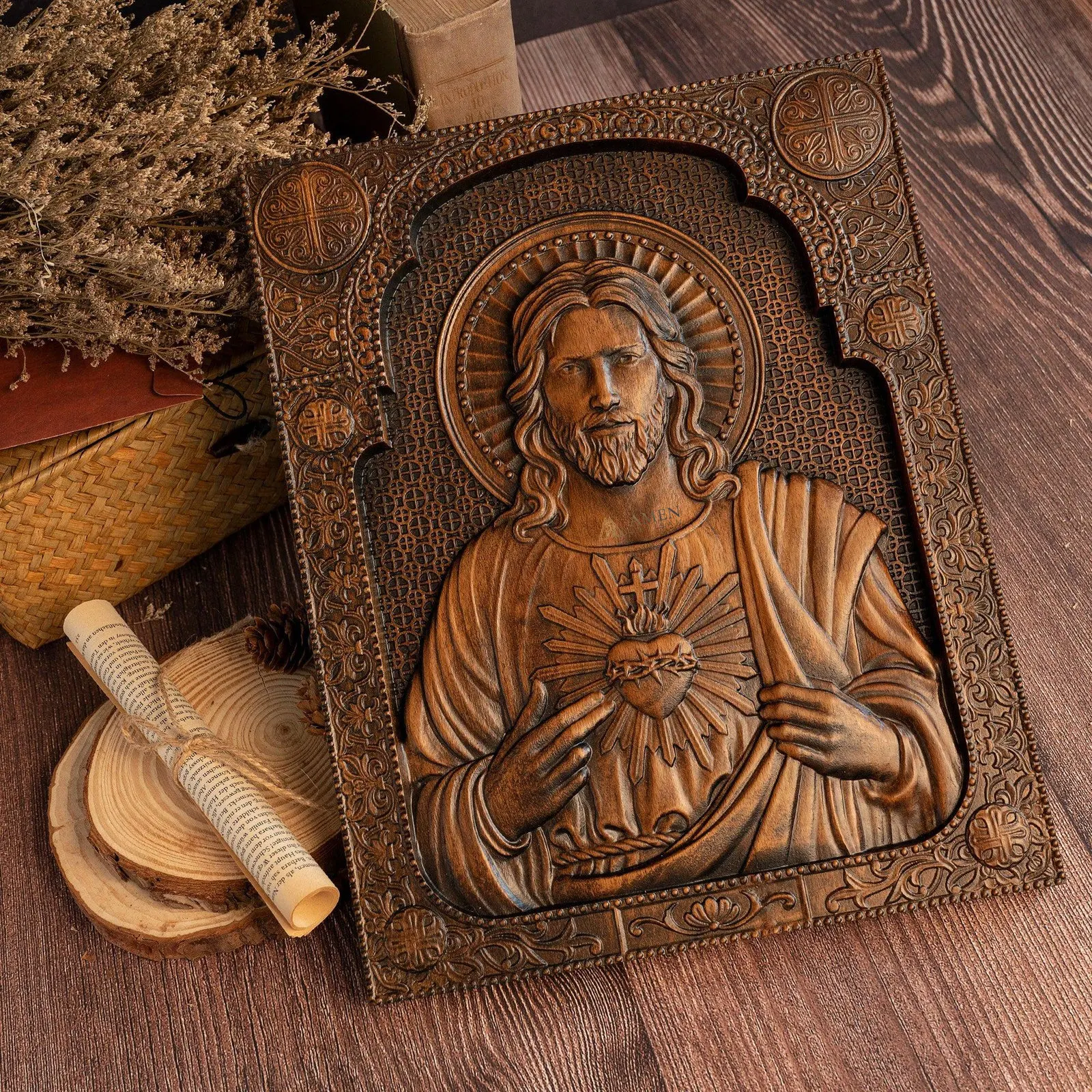 Sacred Heart of Jesus Wood Carved Relief Decor Amen Artisan - Image 3