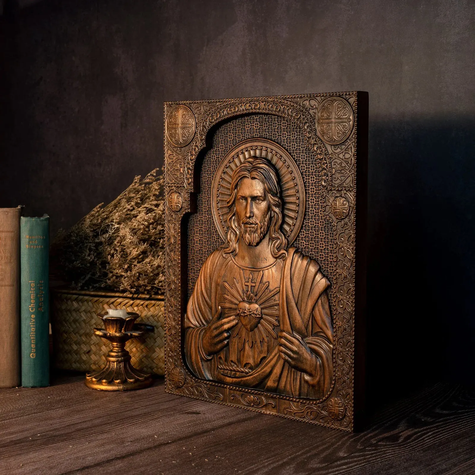 Sacred Heart of Jesus Wood Carved Relief Decor Amen Artisan - Image 4