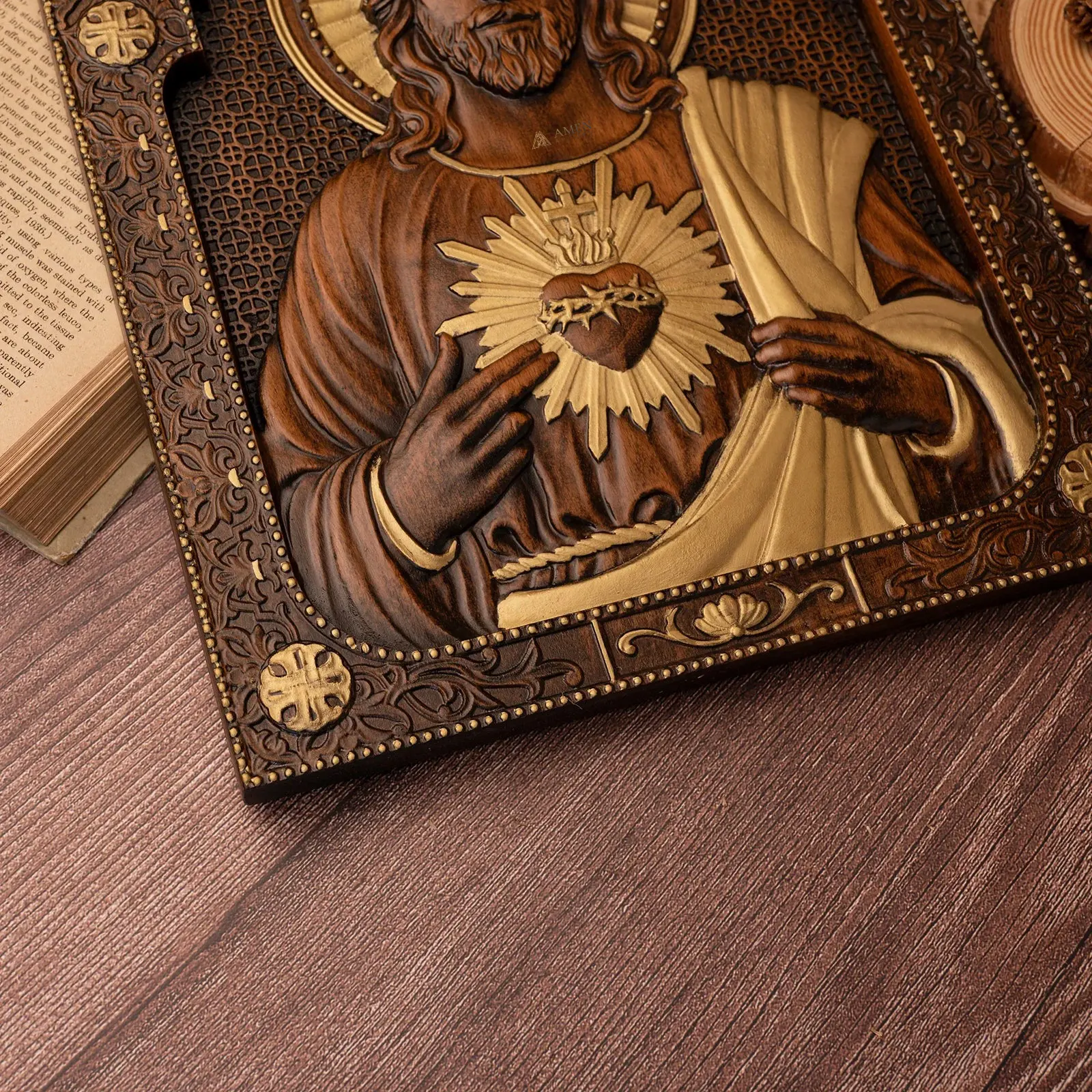 Sacred Heart of Jesus Wood Carved Relief Decor Amen Artisan - Image 6