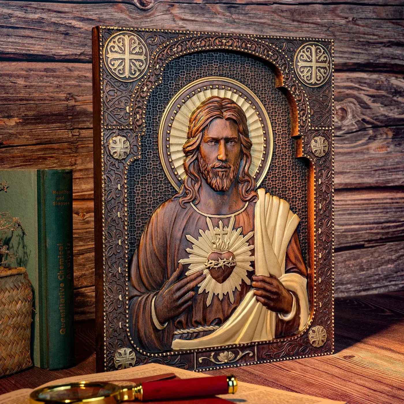 Sacred Heart of Jesus Wood Carved Relief Decor Amen Artisan - Image 9