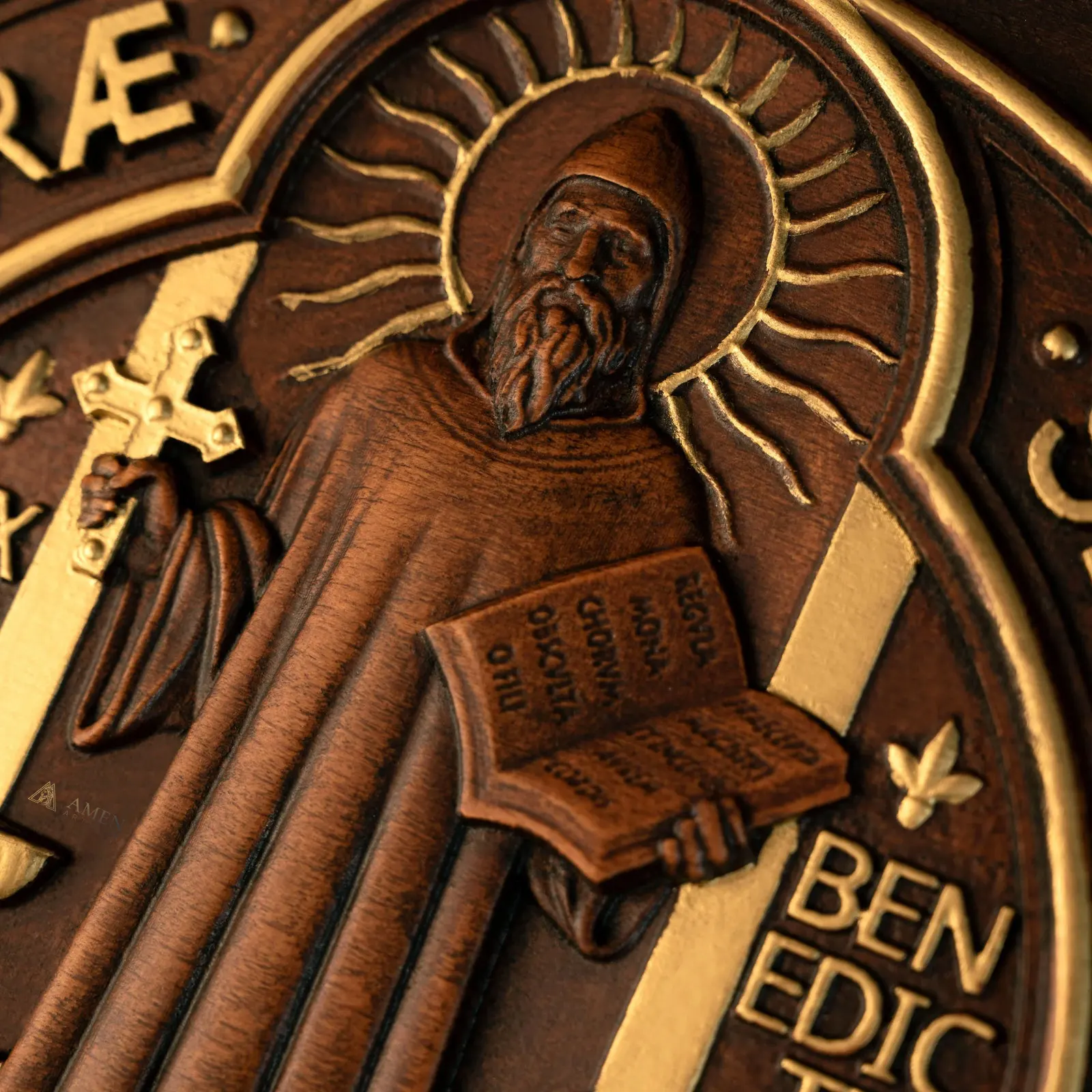 Saint Benedict Medal Wood Carving Amen Artisan - Image 3