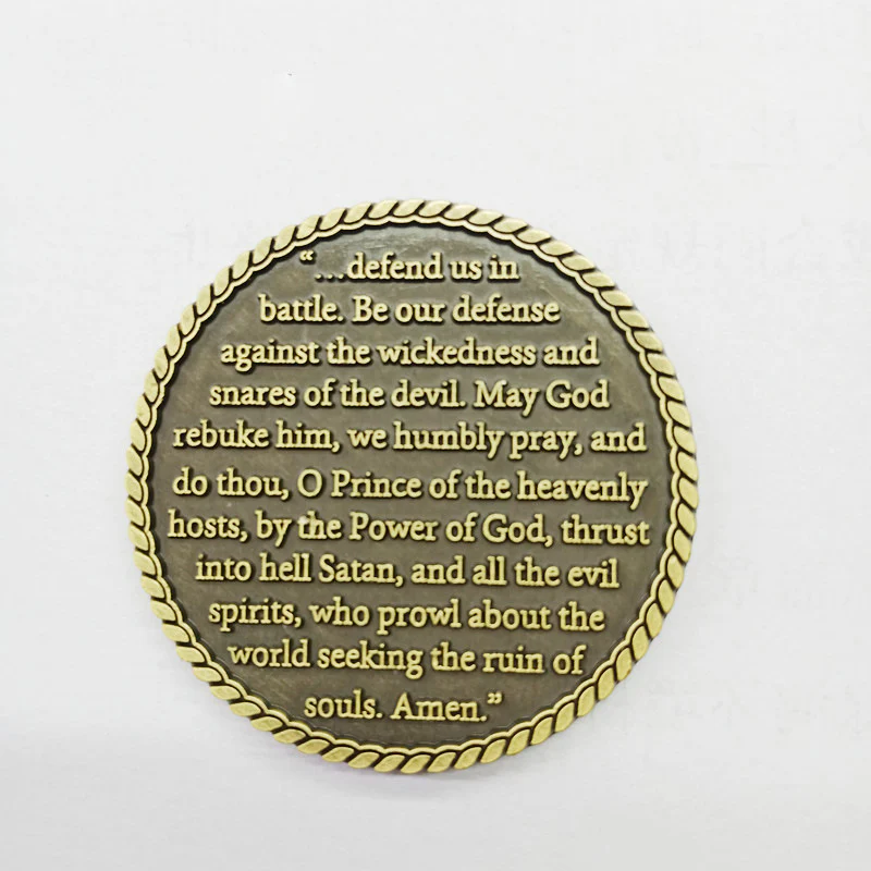 St Michael Challenge Coin – Antique Bronze Archangel Defeating Dragon Medal with Prayer -Amen Artisan - Image 3
