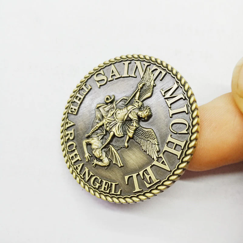St Michael Challenge Coin – Antique Bronze Archangel Defeating Dragon Medal with Prayer -Amen Artisan - Image 4