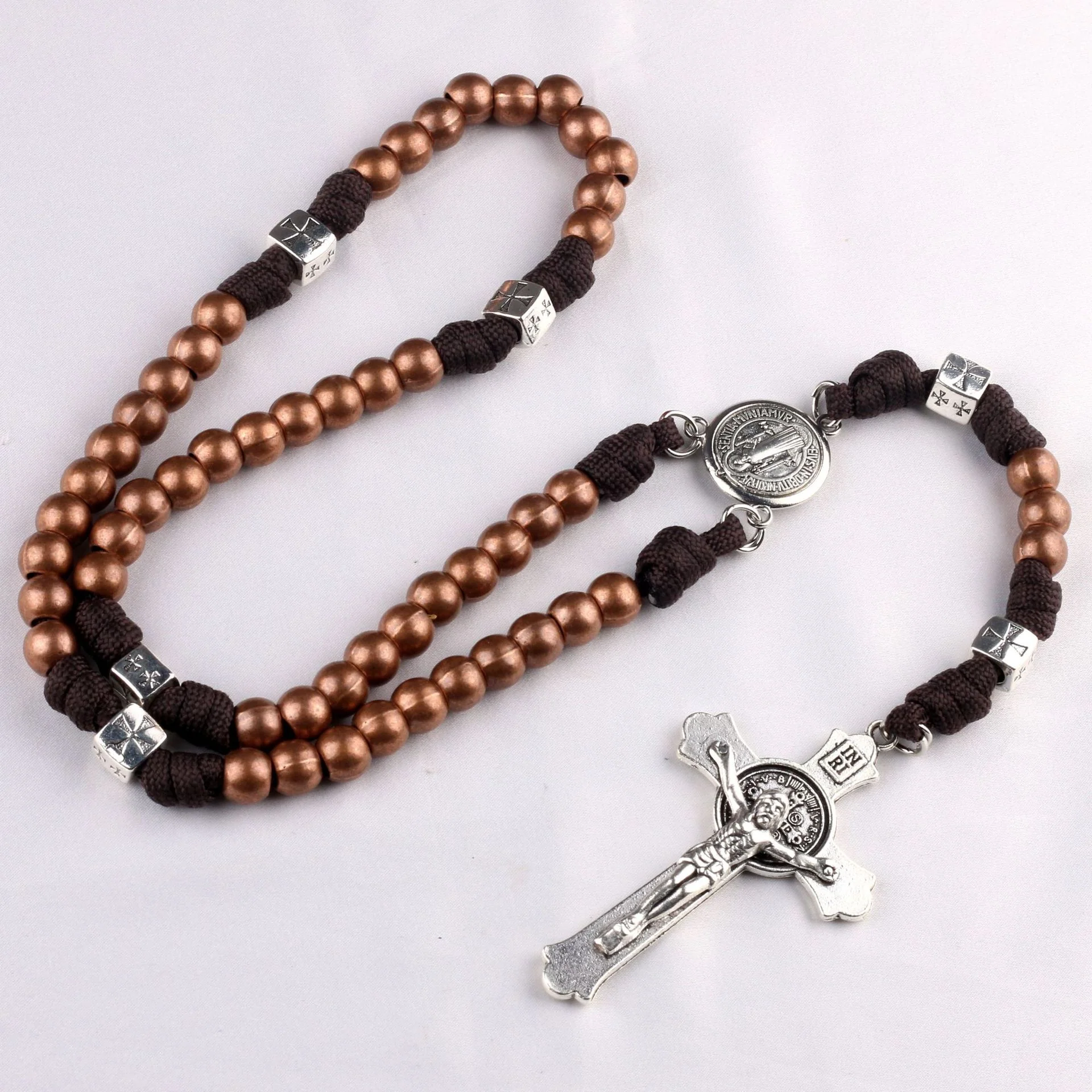 Brass Beads Saint Benedict Medal Crucifix Paracord Rosary Amen Artisan - Image 3