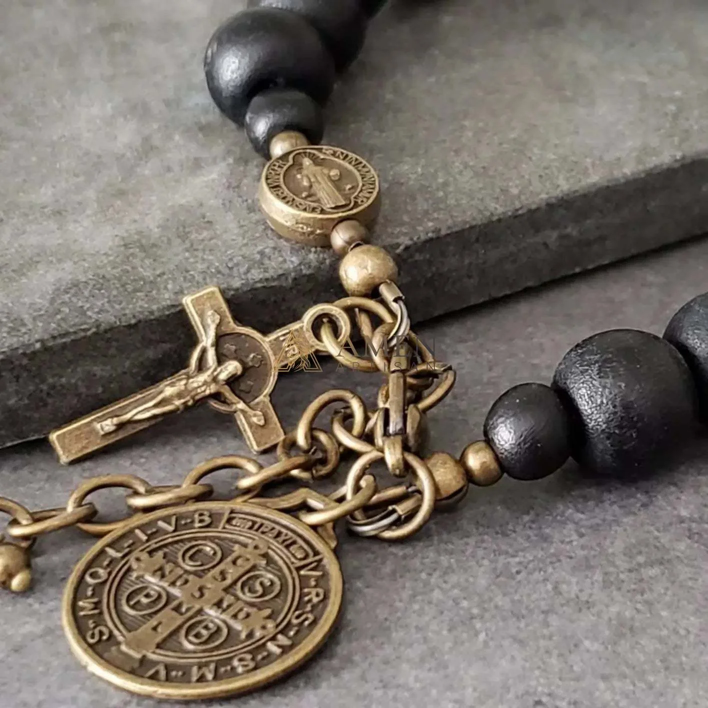Black Wood Beads Brass Saint Benedict Medal Adjustment Bracelet Amen Artisan - Image 3