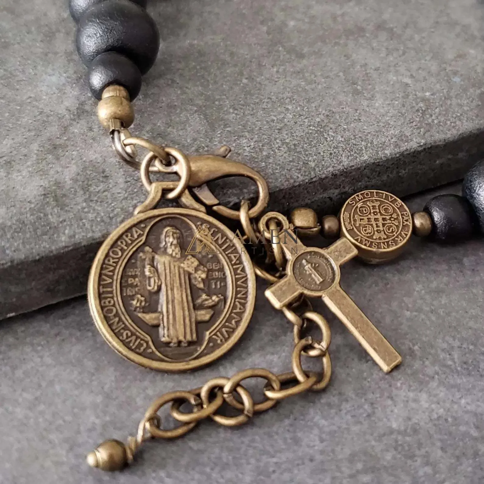 Black Wood Beads Brass Saint Benedict Medal Adjustment Bracelet Amen Artisan - Image 4