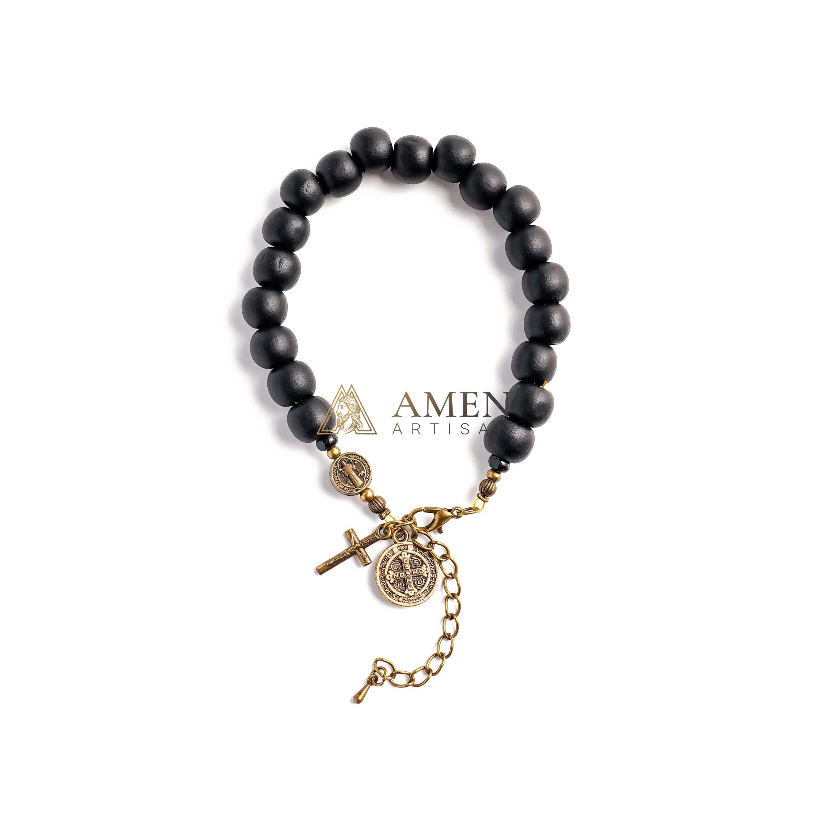 Black Wood Beads Brass Saint Benedict Medal Adjustment Bracelet Amen Artisan - Image 6