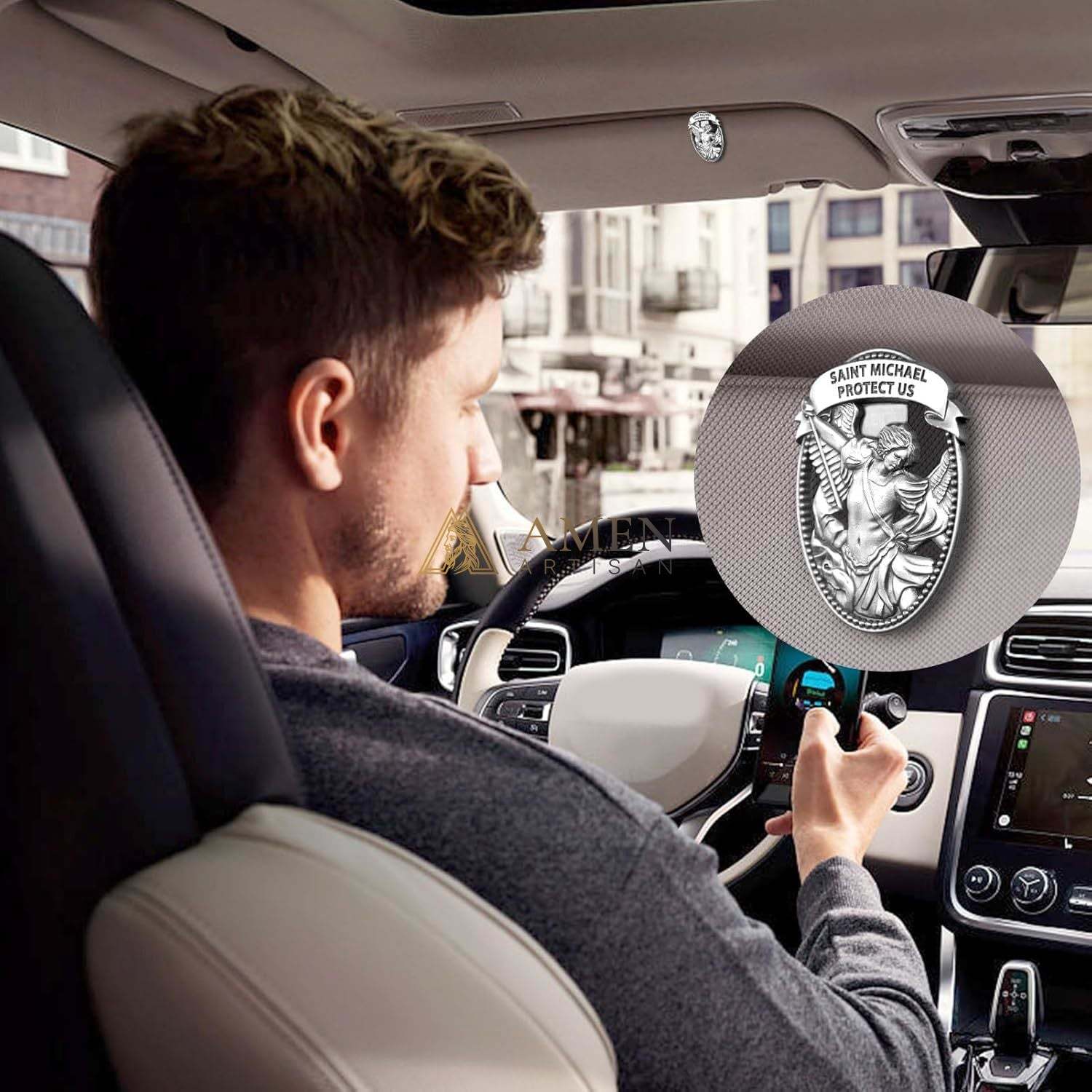 St Michael Medal Car Clip Amen Artisan - Image 3