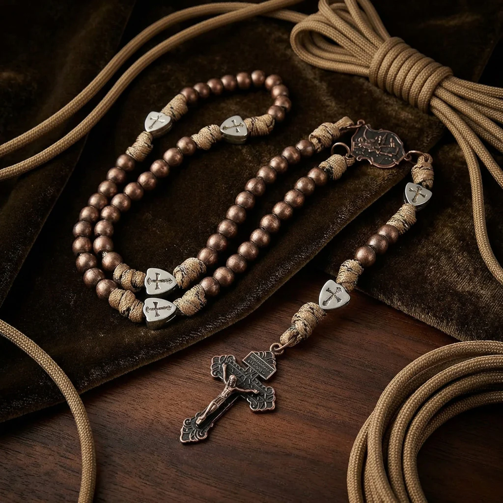 【Deal Today】St. Michael the Archangel Bronze Paracord Wrapped Rosary Bracelet – Faith & Protection Amen Artisan - Image 3
