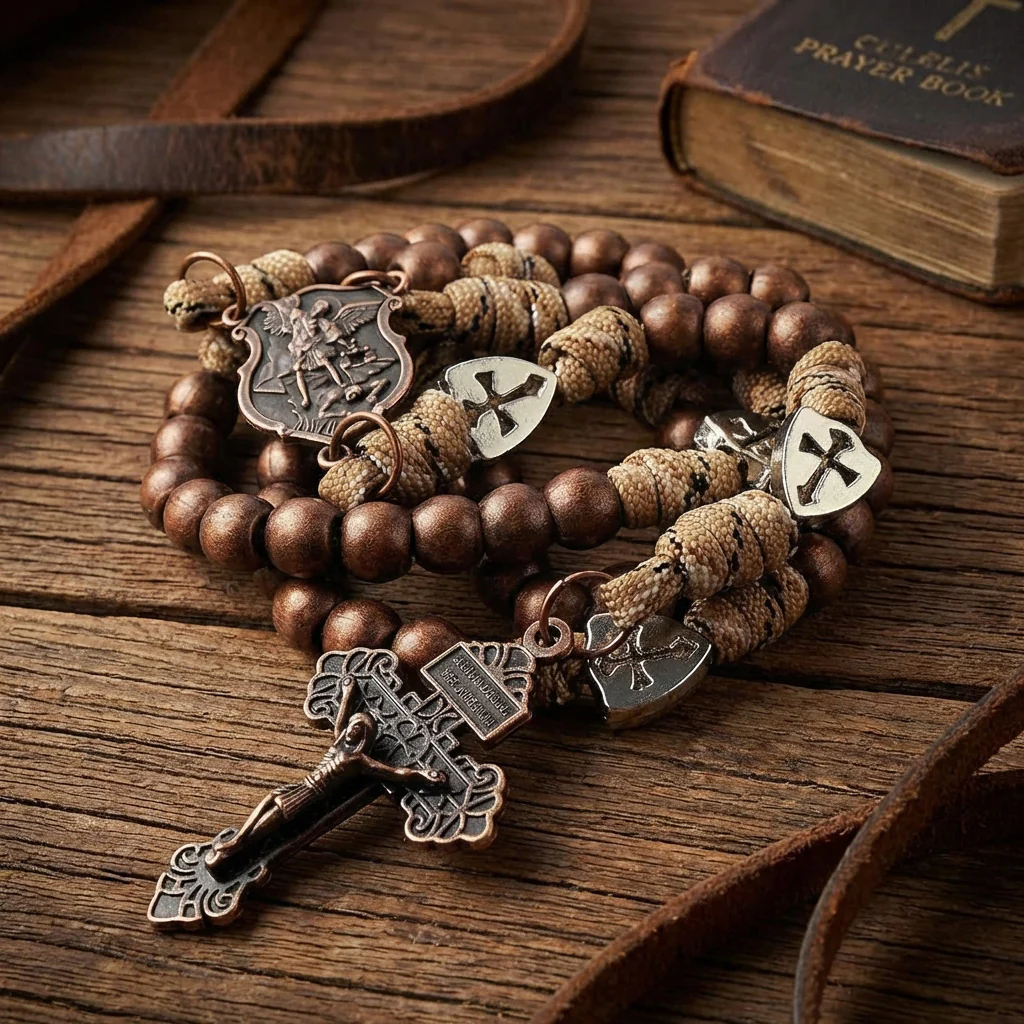 【Deal Today】St. Michael the Archangel Bronze Paracord Wrapped Rosary Bracelet – Faith & Protection Amen Artisan - Image 4