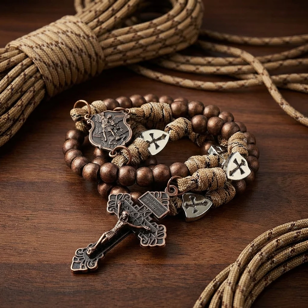 【Deal Today】St. Michael the Archangel Bronze Paracord Wrapped Rosary Bracelet – Faith & Protection Amen Artisan - Image 5