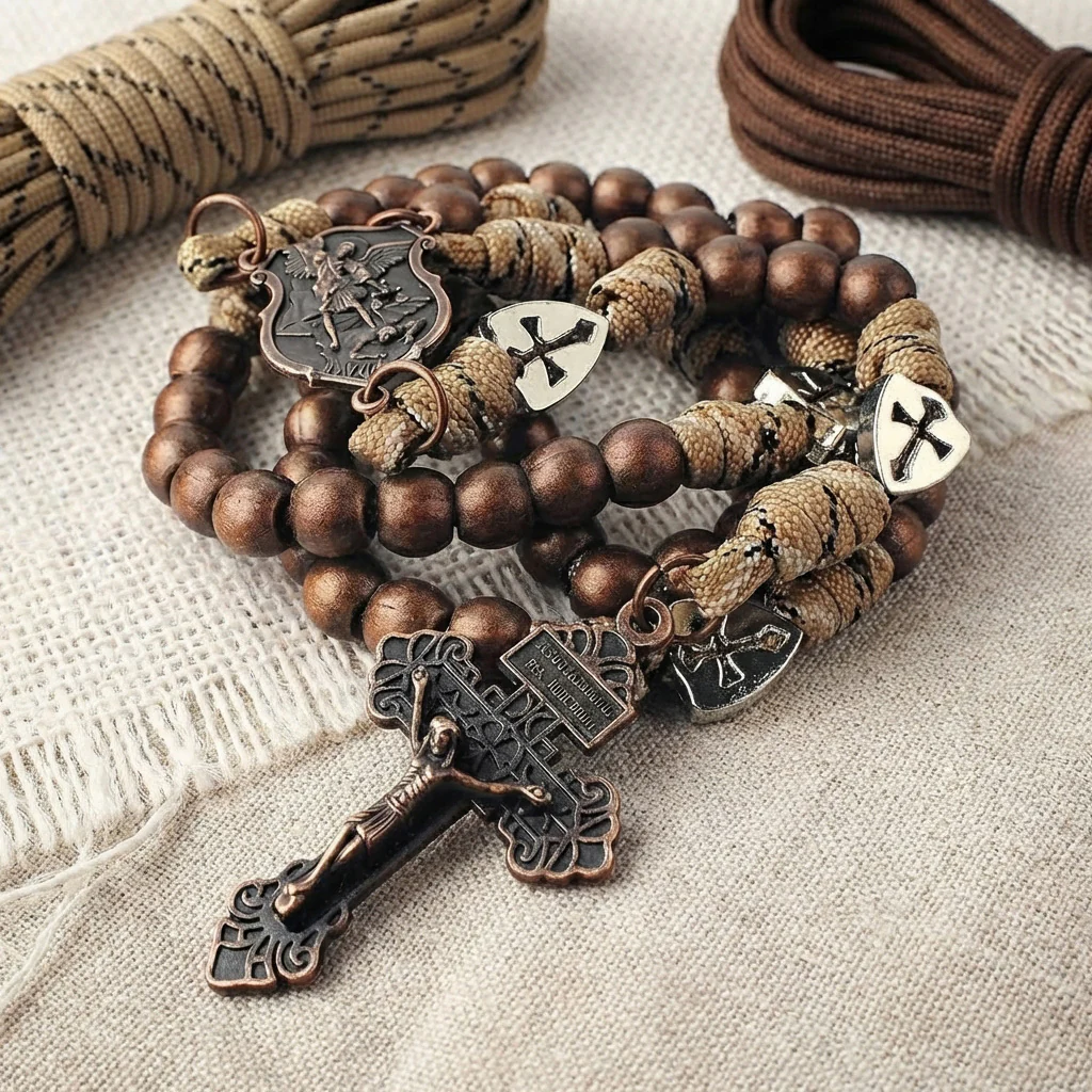 【Deal Today】St. Michael the Archangel Bronze Paracord Wrapped Rosary Bracelet – Faith & Protection Amen Artisan - Image 6