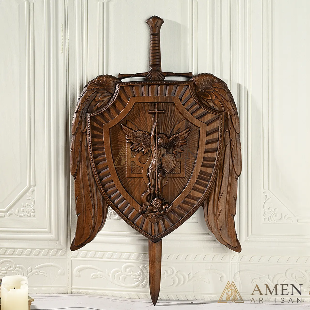 St Michael Wood Carving Amen Artisan - Image 5