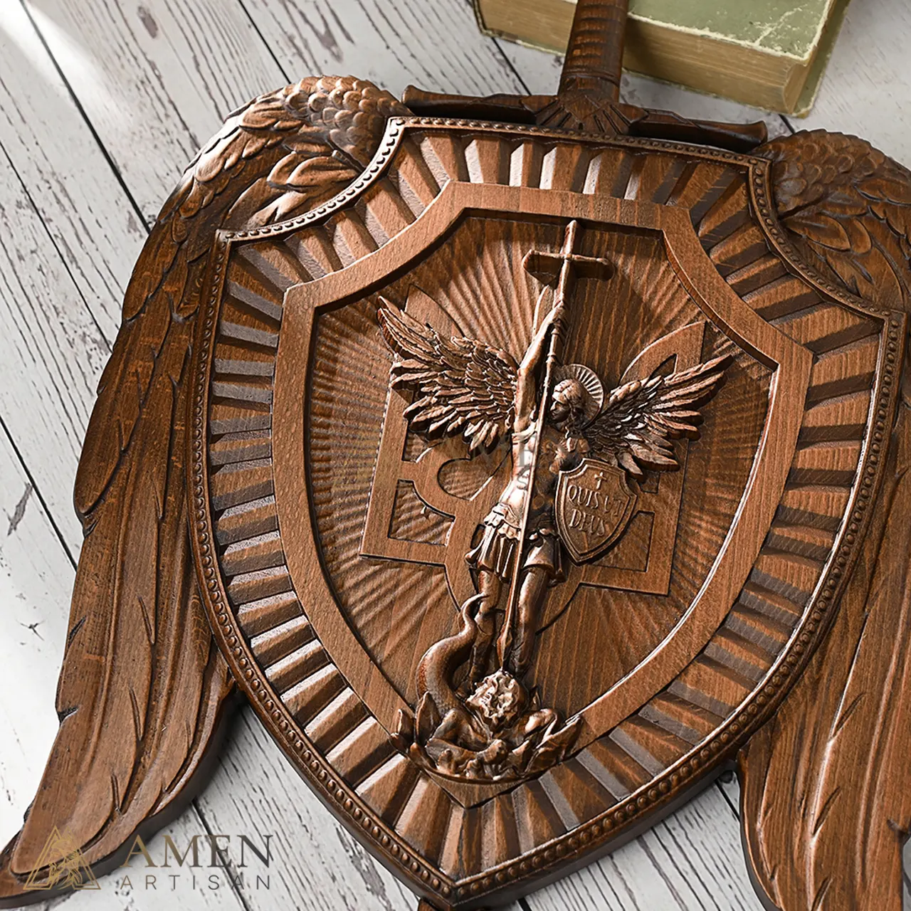 St Michael Wood Carving Amen Artisan - Image 6