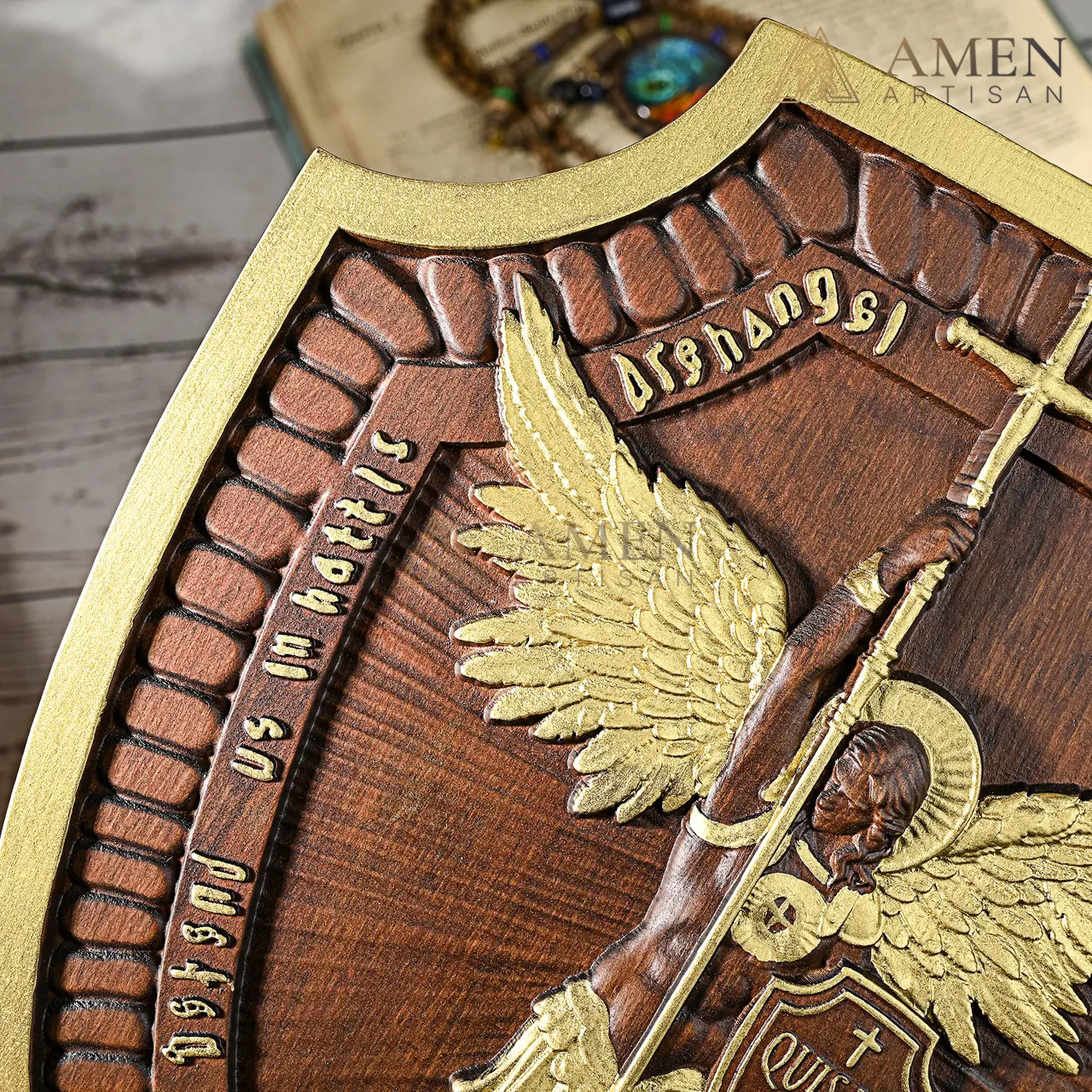 St Michael Wood Carving Amen Artisan - Image 3