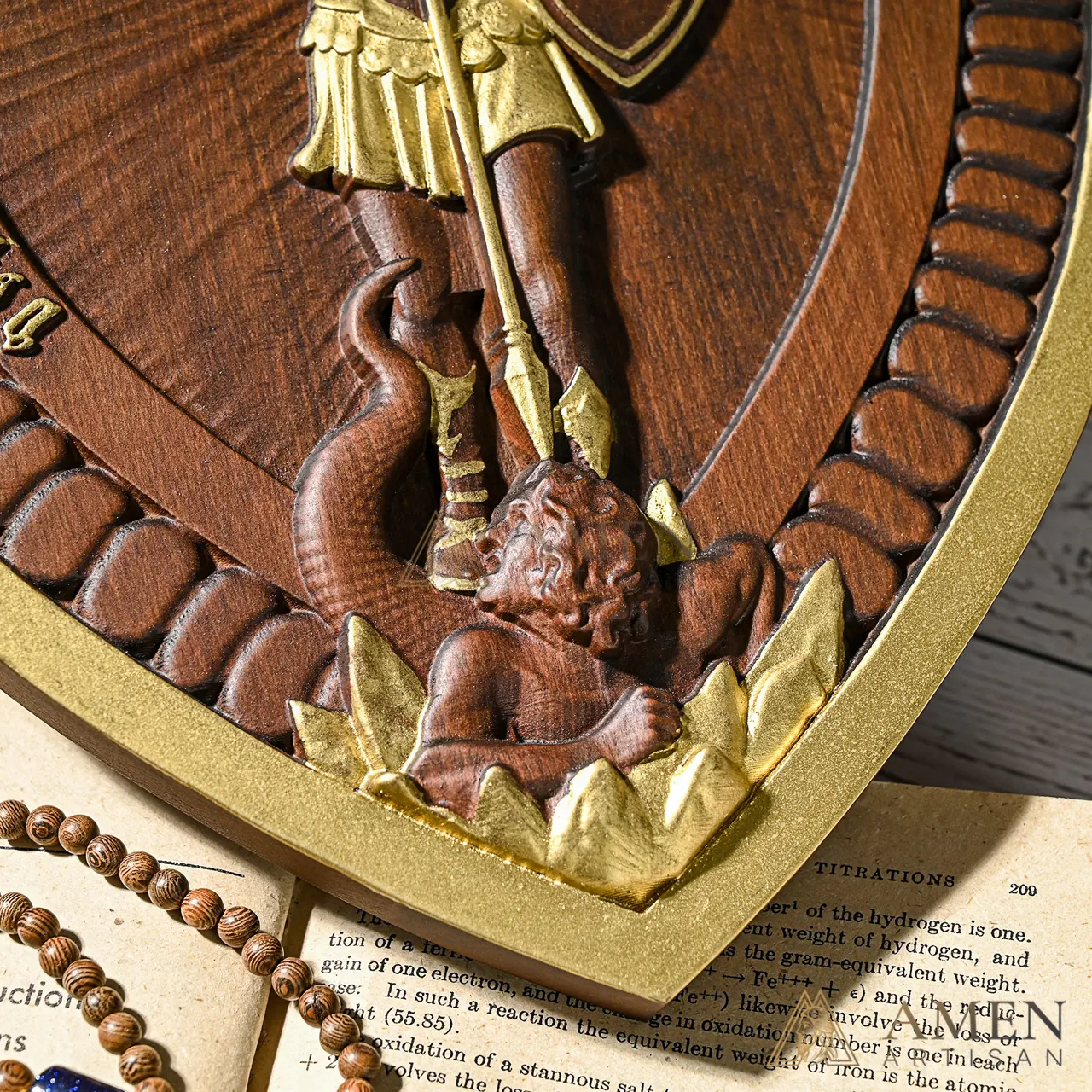 St Michael Wood Carving Amen Artisan - Image 4