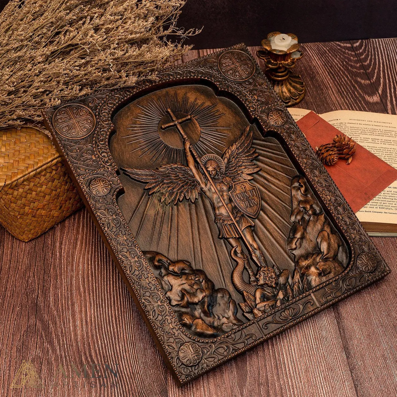 St Michael Wood Carving Amen Artisan - Image 3