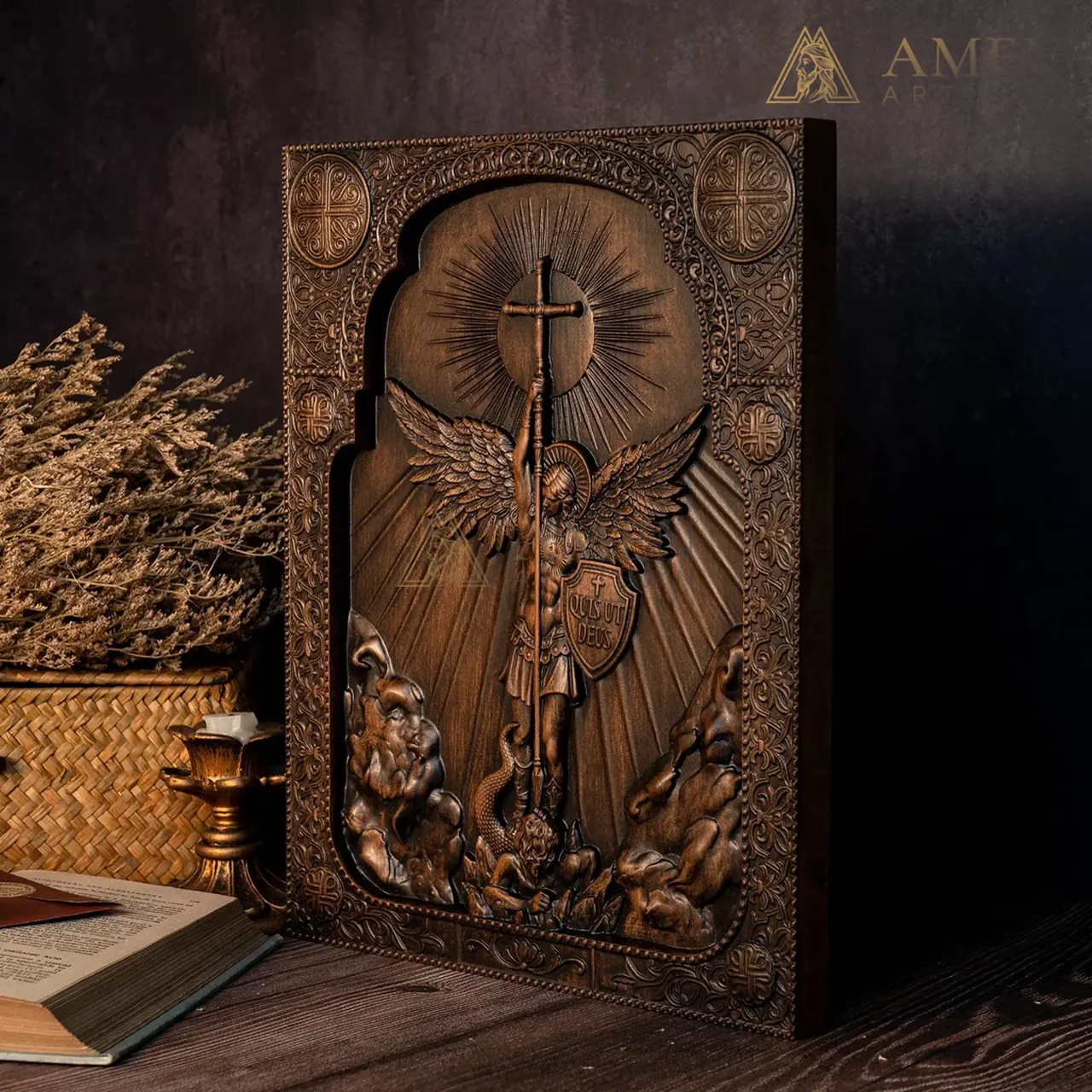 St Michael Wood Carving Amen Artisan - Image 4