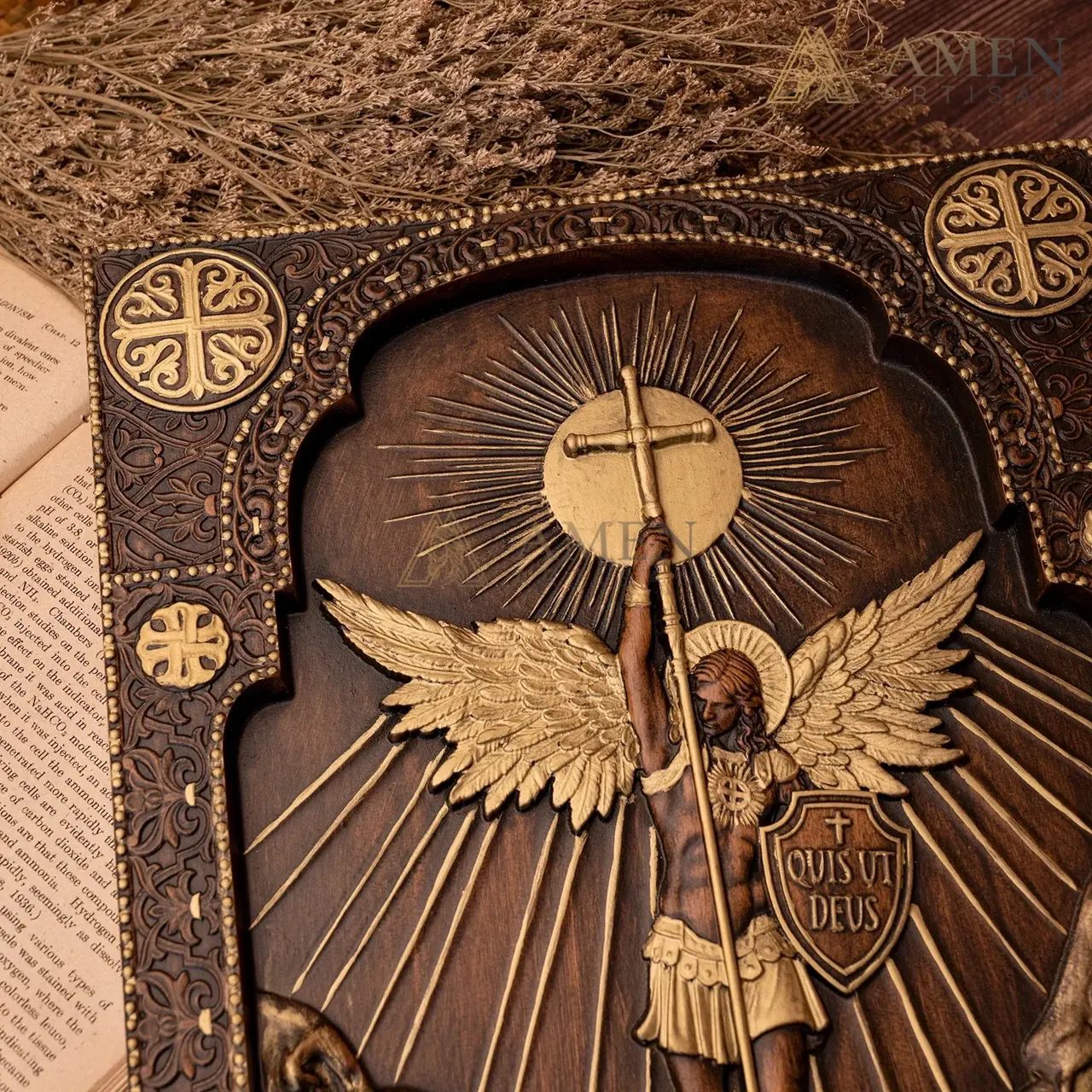 St Michael Wood Carving Amen Artisan - Image 5