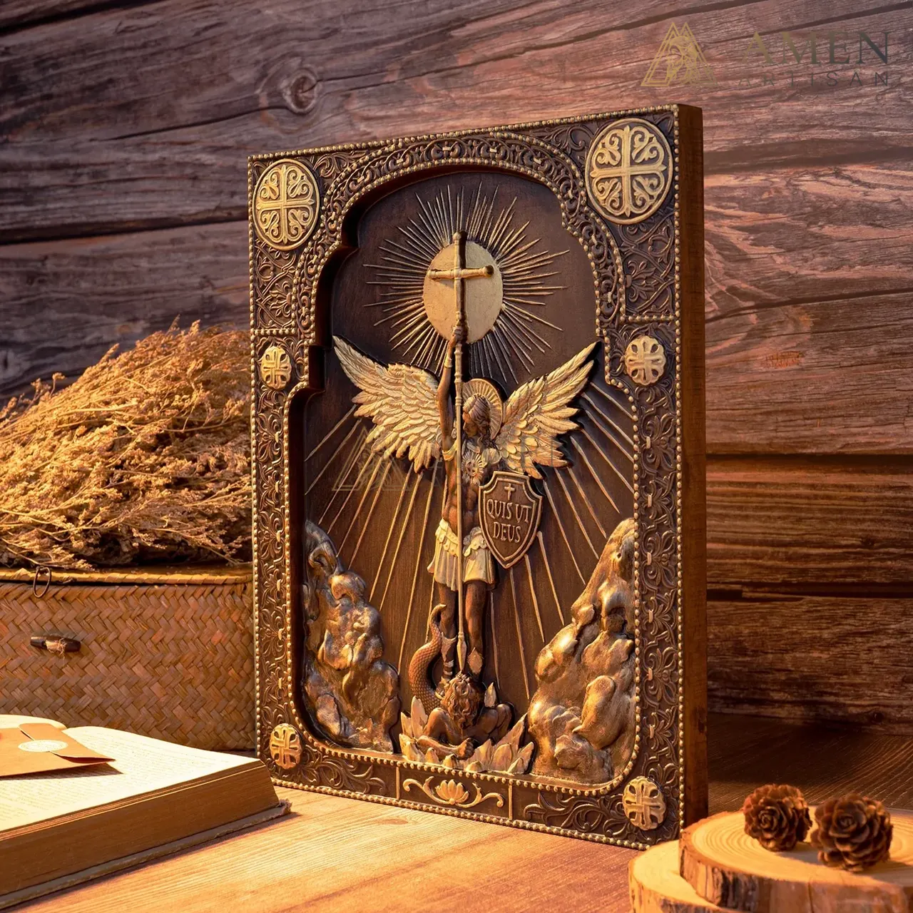 St Michael Wood Carving Amen Artisan - Image 6